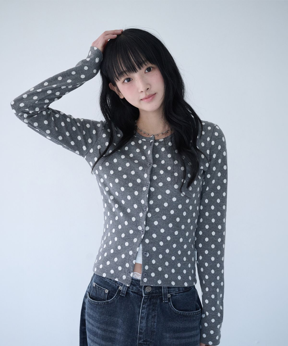 미레코(MIRECO) SOFT DOT JACQUARD CARDIGAN GREY