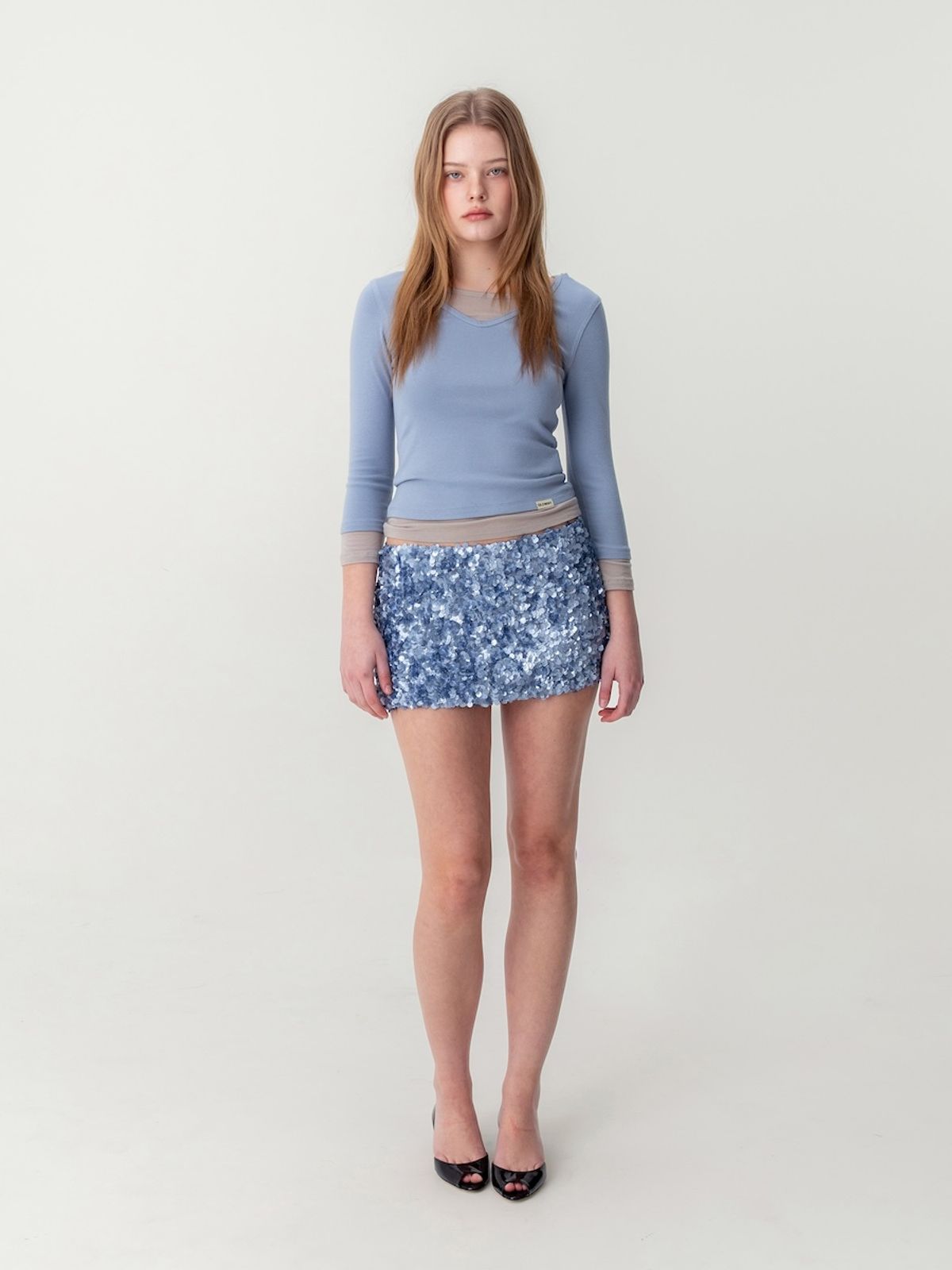 글로니(GLOWNY) 3/4 LAYERED CONTRAST HOODIE (DUST BLUE)