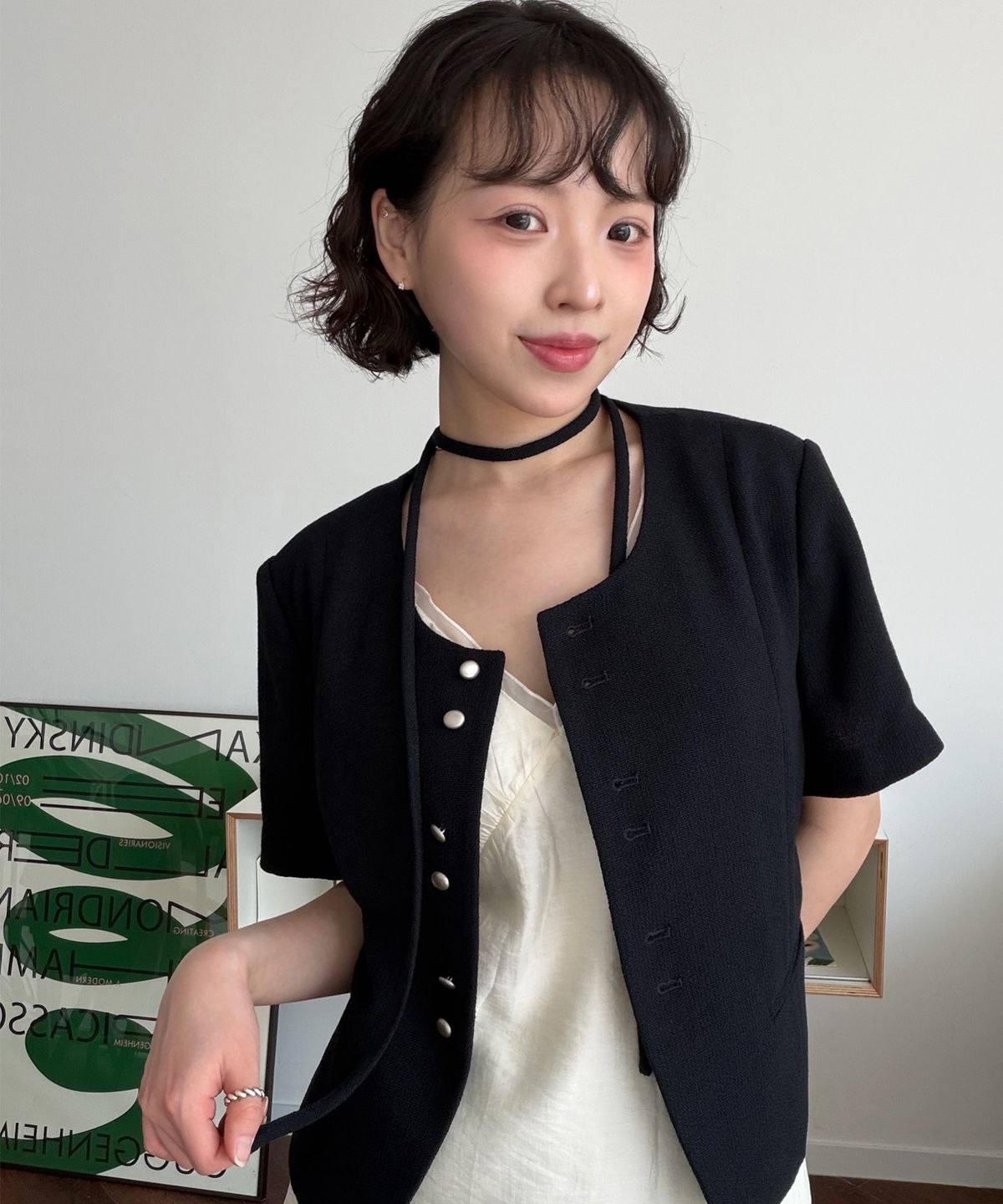 미쏘(MIXXO) 트위드 버튼 반팔자켓_MIWJKG55PB