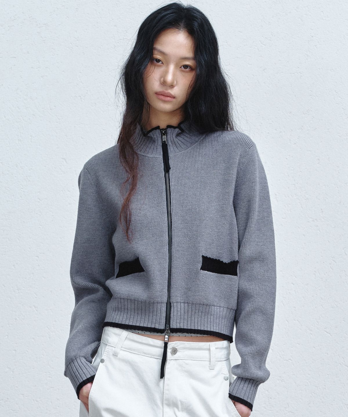 닉앤니콜(NICK&NICOLE) JAQUARD ZIP UP KNIT CARDIGAN_CHARCOAL