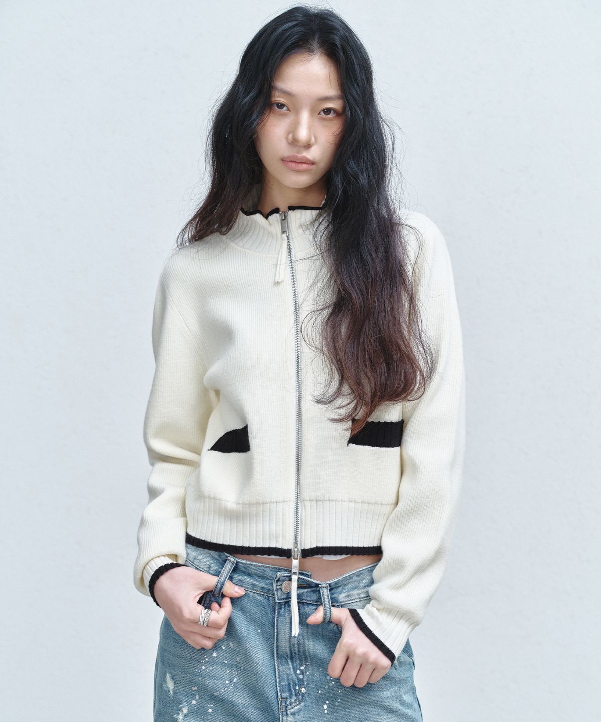 닉앤니콜(NICK&NICOLE) JAQUARD ZIP UP KNIT CARDIGAN_CREAM