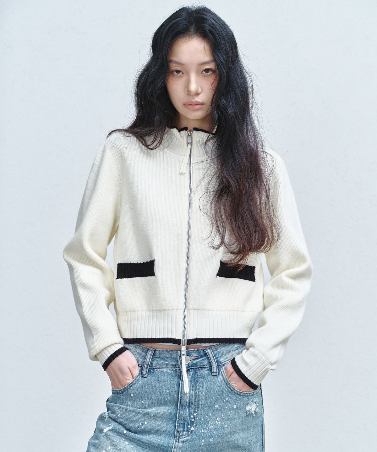 닉앤니콜(NICK&NICOLE) JAQUARD ZIP UP KNIT CARDIGAN_CREAM