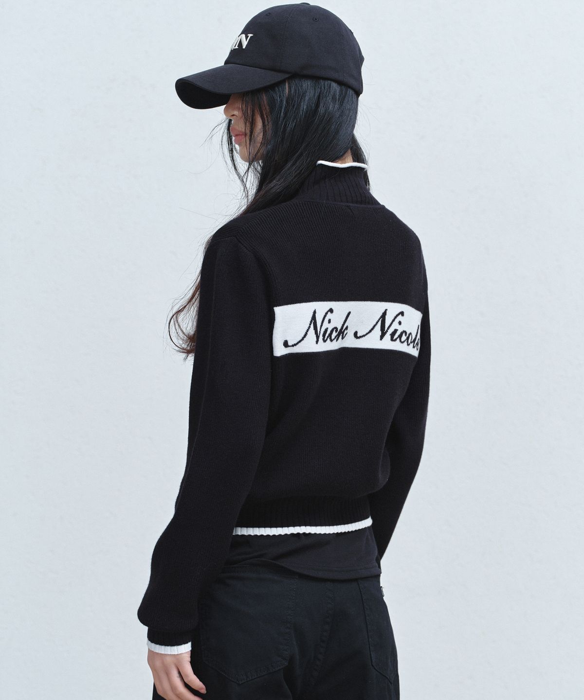 닉앤니콜(NICK&NICOLE) JAQUARD ZIP UP KNIT CARDIGAN_BLACK