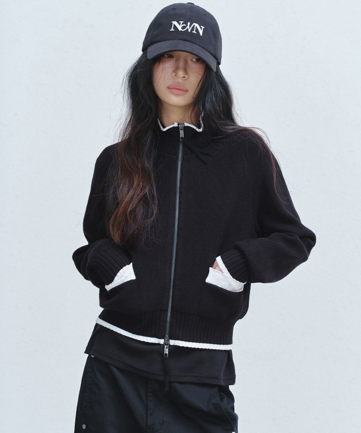 닉앤니콜(NICK&NICOLE) JAQUARD ZIP UP KNIT CARDIGAN_BLACK