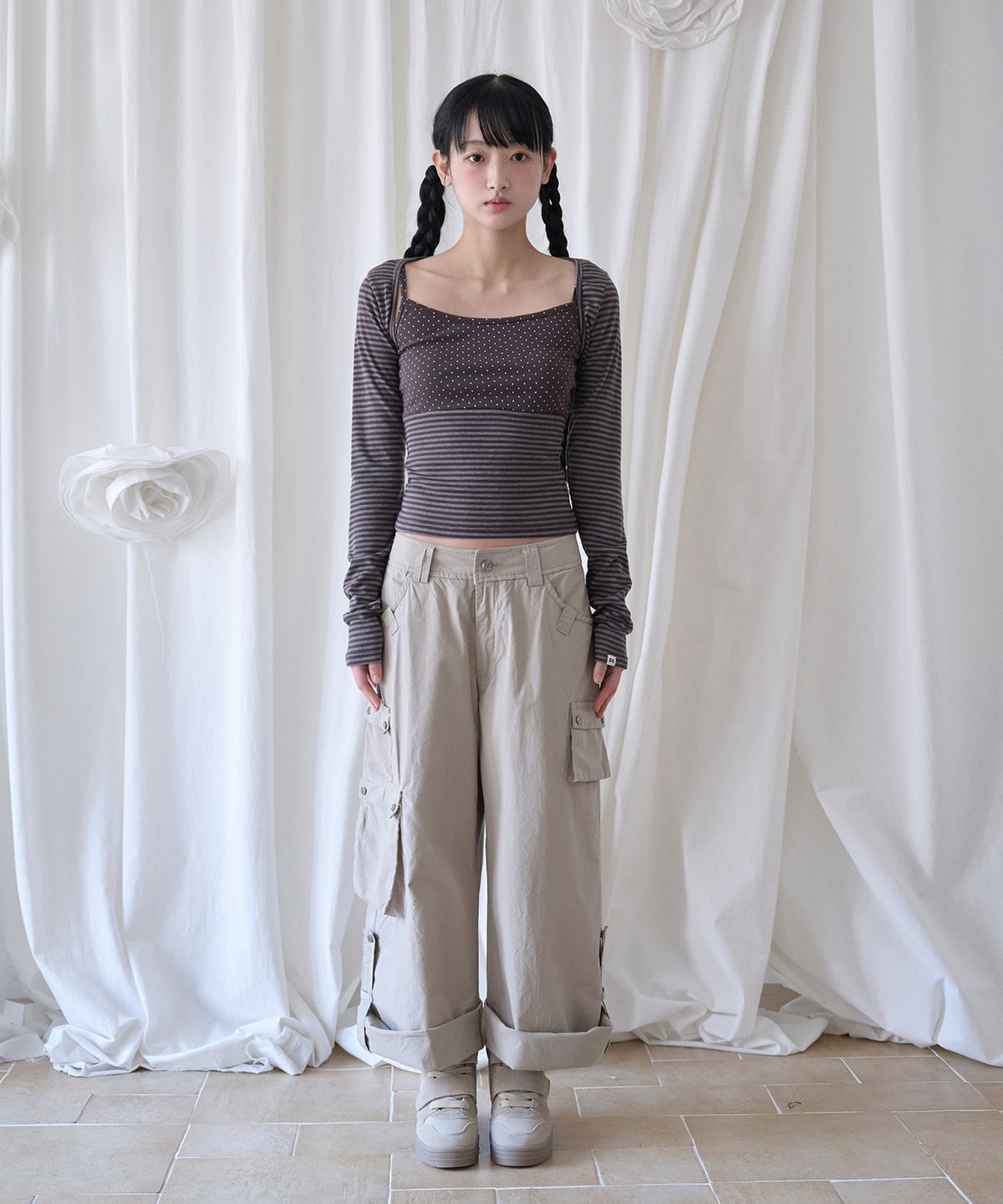 미레코(MIRECO) MIXED PATTERN CAMI & BOLERO SET BROWN