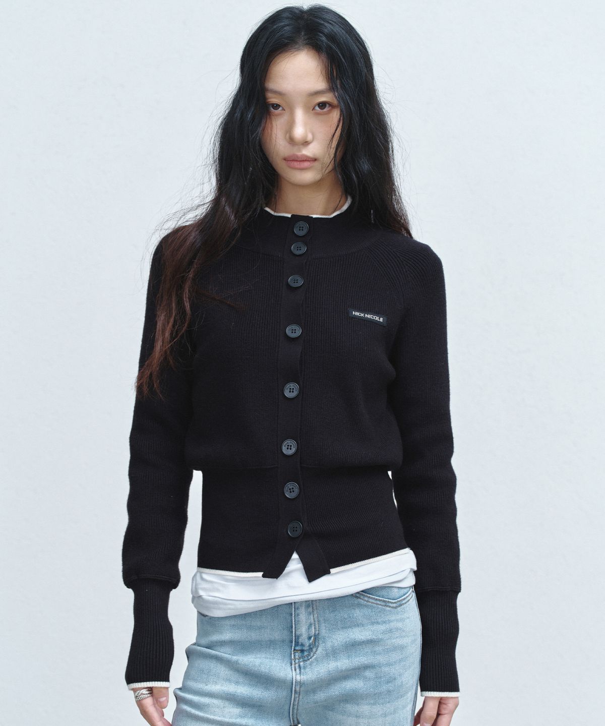 닉앤니콜(NICK&NICOLE) PATCH JAQUARD KNIT CARDIGAN_BLACK