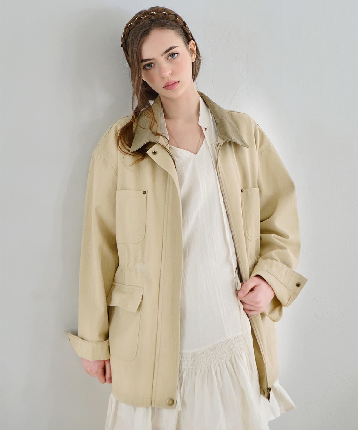 슬로우롤리(SLOWLOLLI) Cotton washed work jacket - Light beige