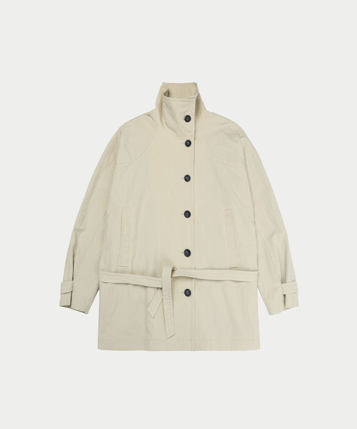 이어닝(YEARNING) HIGH NECK BELTED HALF JACKET, BEIGE