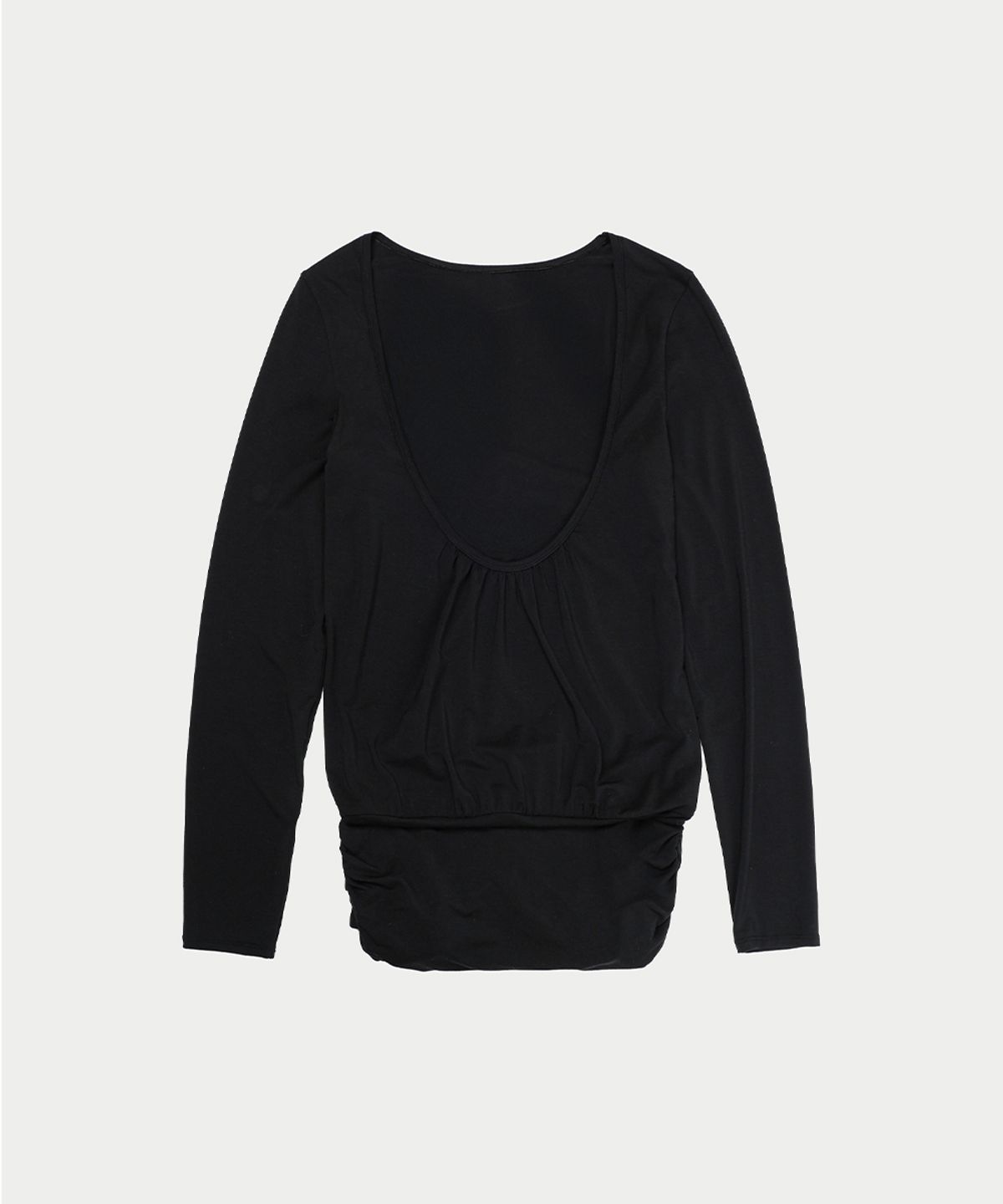 이어닝(YEARNING) LAYERED LOOSE SHIRRING U-NECK TOP, BLACK