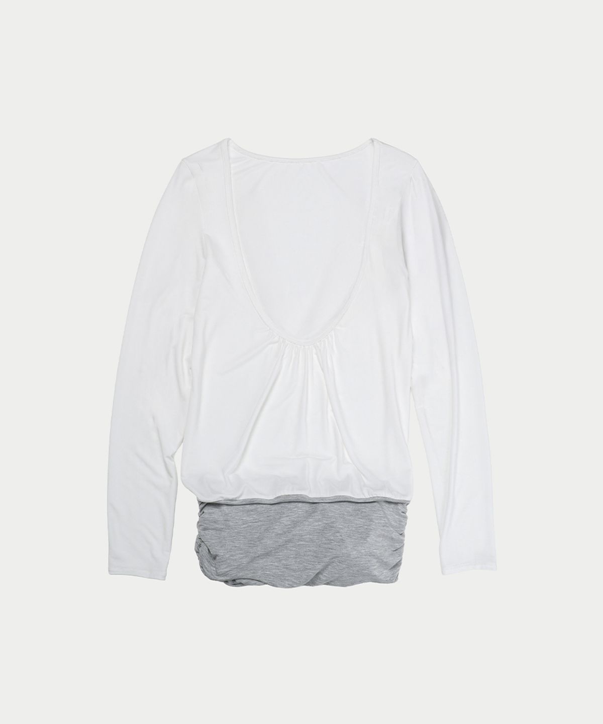 이어닝(YEARNING) LAYERED LOOSE SHIRRING U-NECK TOP, WHITE_GREY