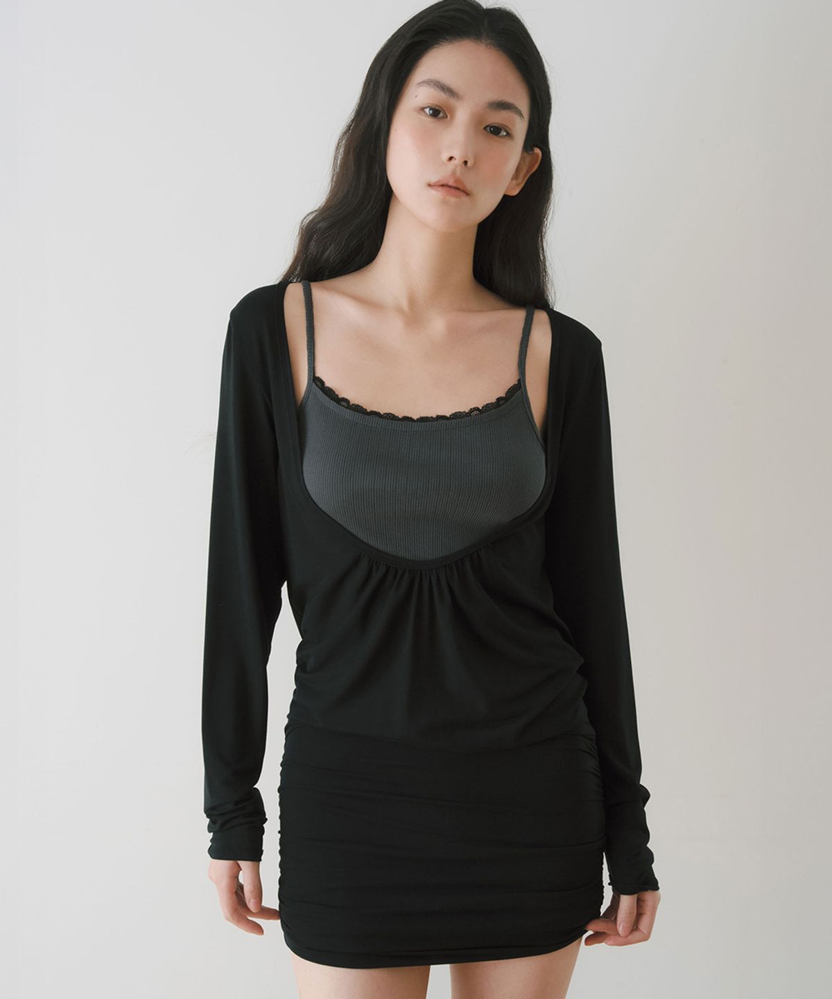 이어닝(YEARNING) LACE RIBBED SLEEVELESS TOP, CHARCOAL