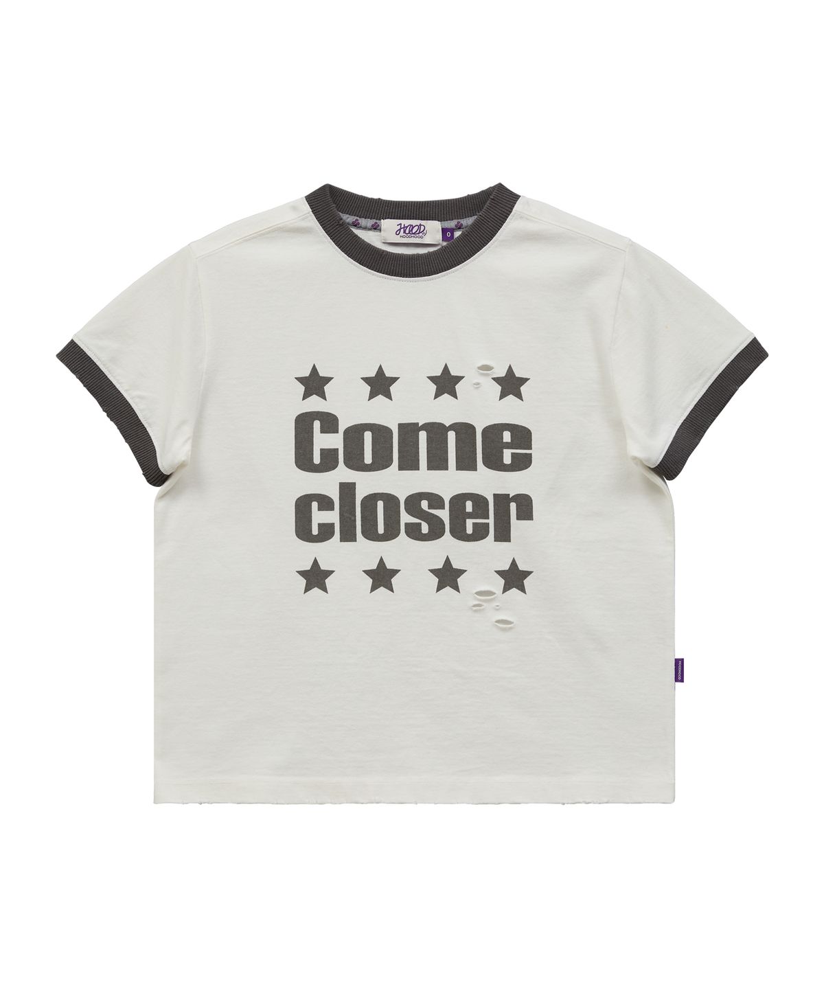 후드후드(HOODHOOD) COME CLOSER 데미지 링거 반팔티셔츠 아이보리