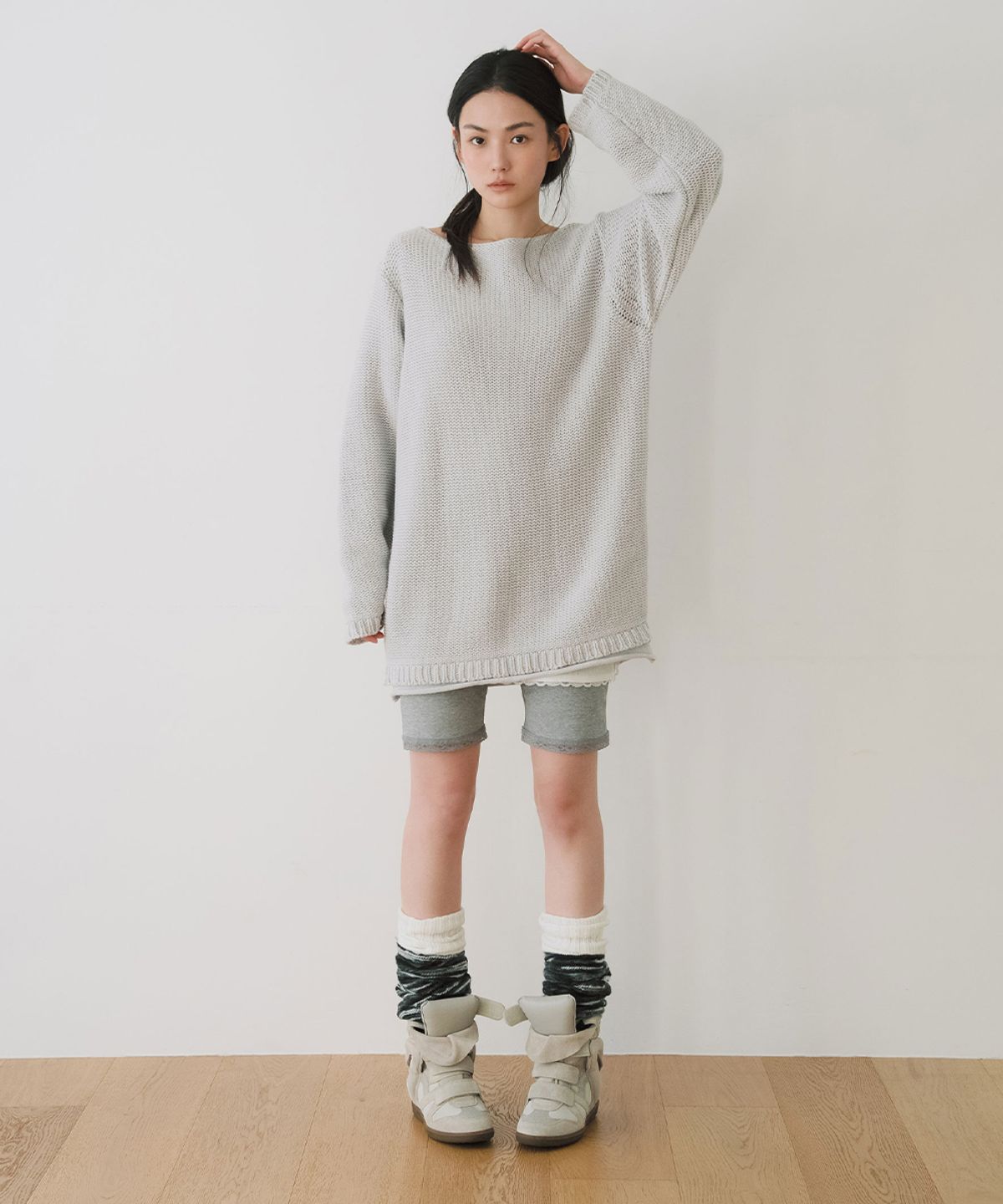 이어닝(YEARNING) FRONTBACK COTTON LOOSE KNIT, LIGHT GREY