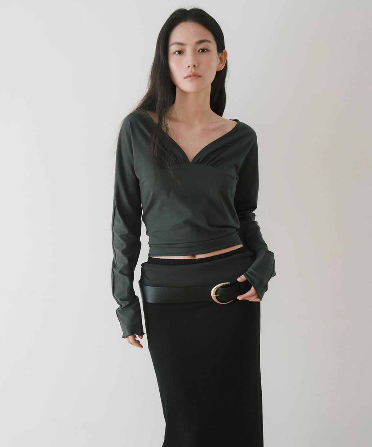 이어닝(YEARNING) DOUBLE LAYERED SHIRRING MAXI SKIRT, BLACK