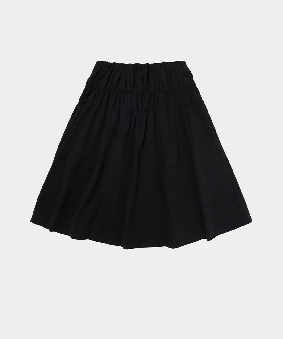 이어닝(YEARNING) SHIRRING FLARE MIDI SKIRT, BLACK