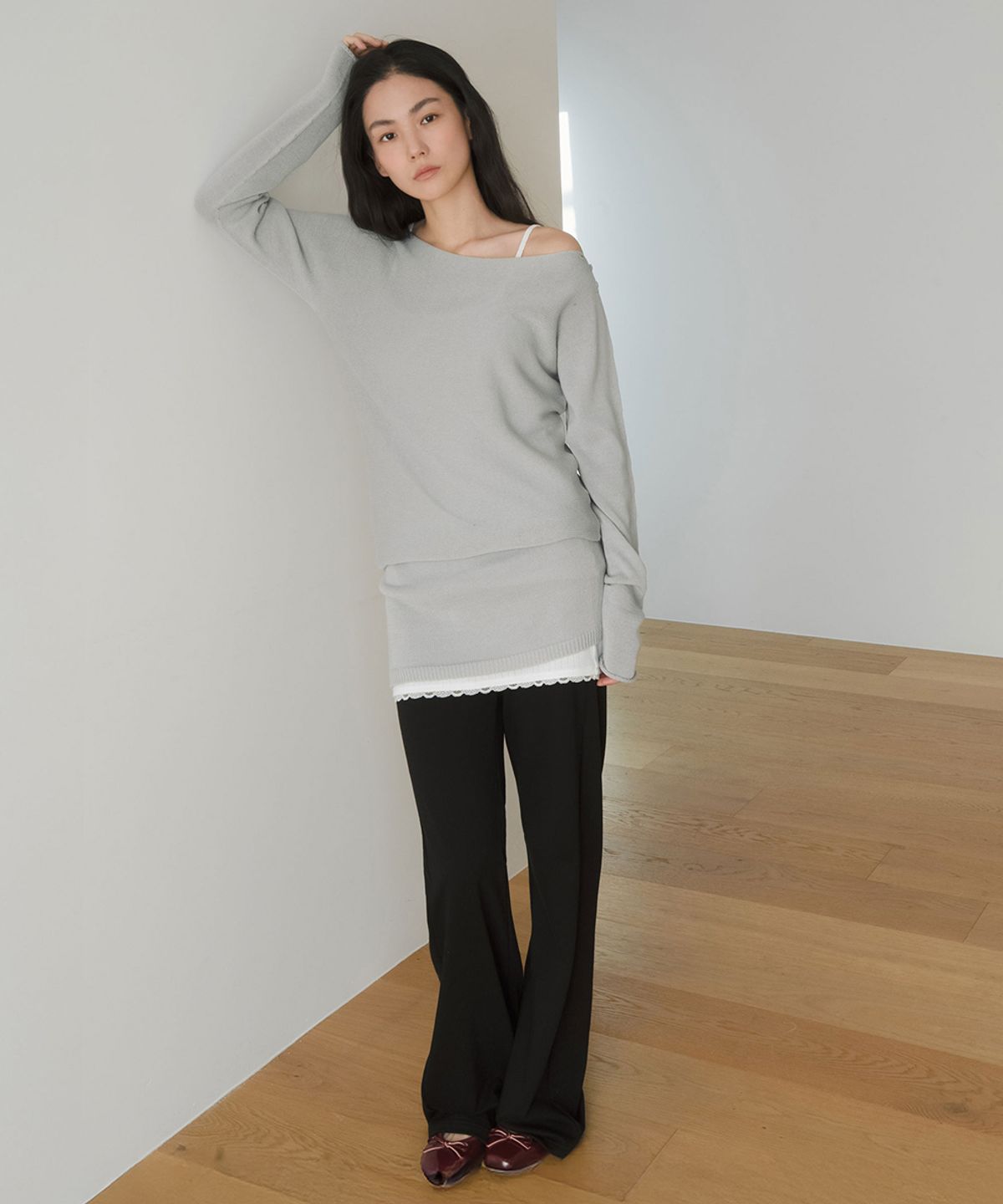 이어닝(YEARNING) LACE BANDING JERSEY PANTS, BLACK