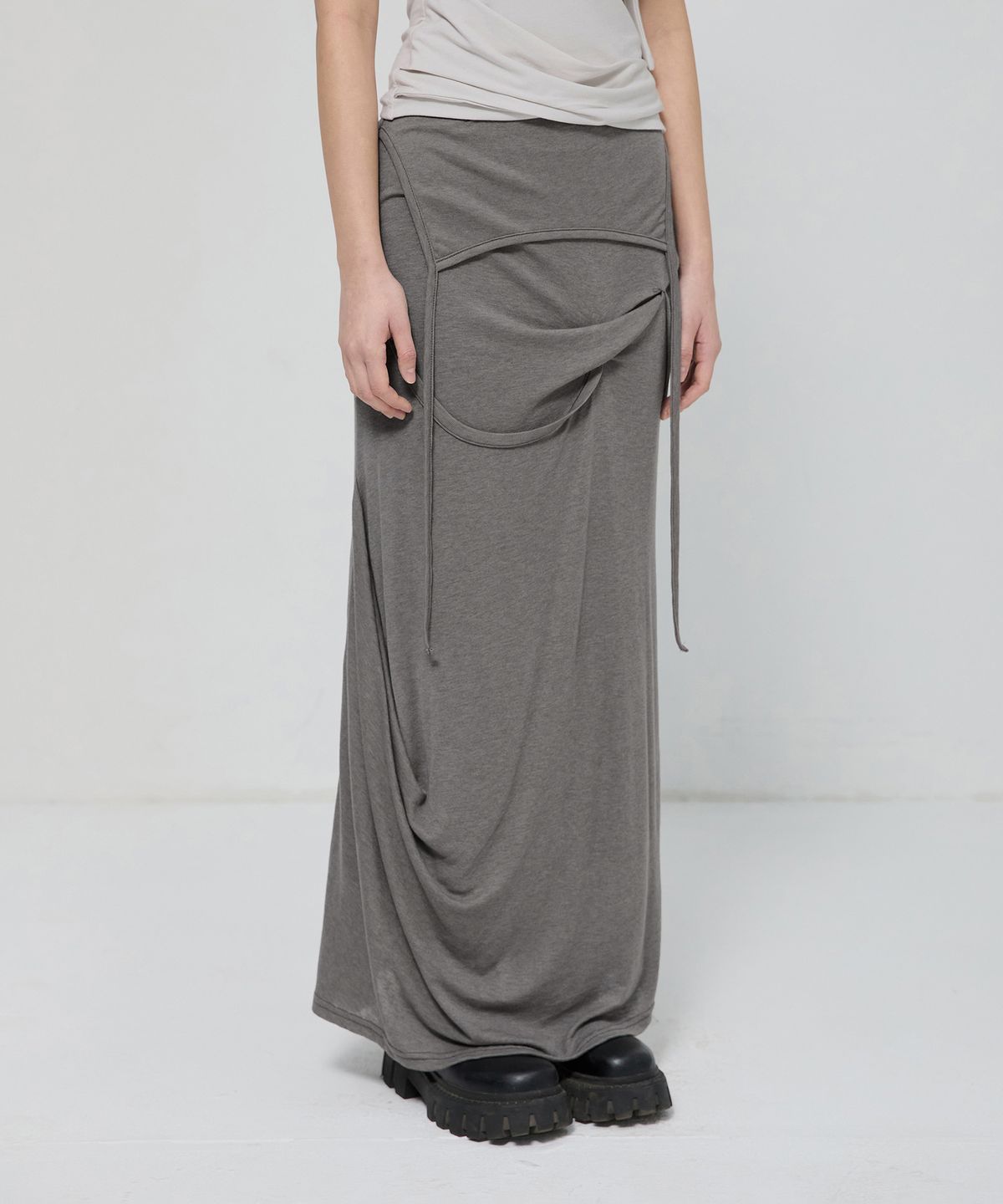 플레어업(FLAREUP) Asymmetrical Draped Long Skirt (FL-263_Gray)
