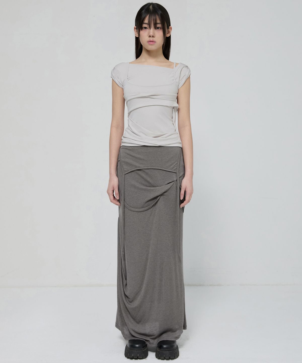 플레어업(FLAREUP) Asymmetrical Draped Long Skirt (FL-263_Gray)