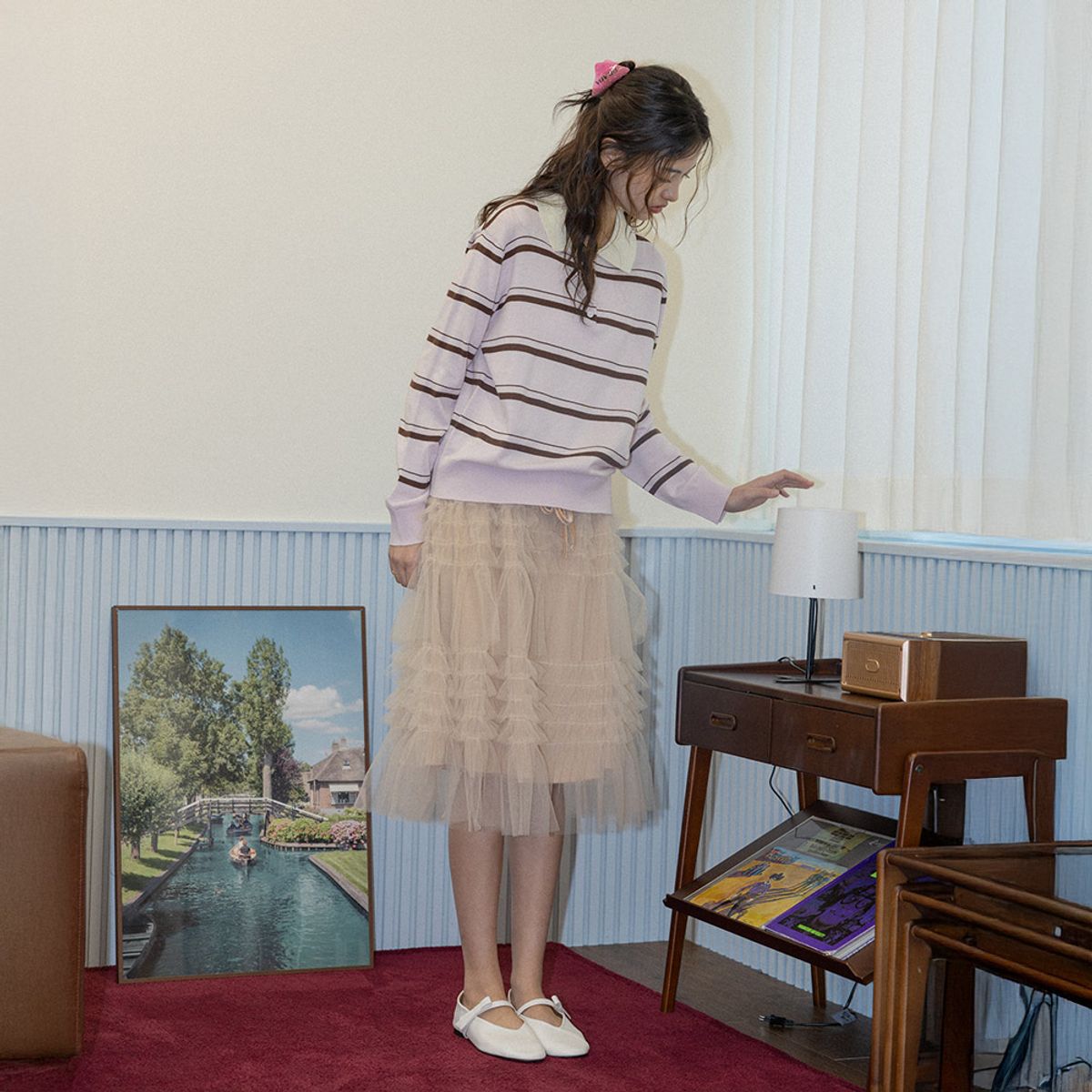 던드롭(DUNDROP) DD_Pink stripe collar knit top