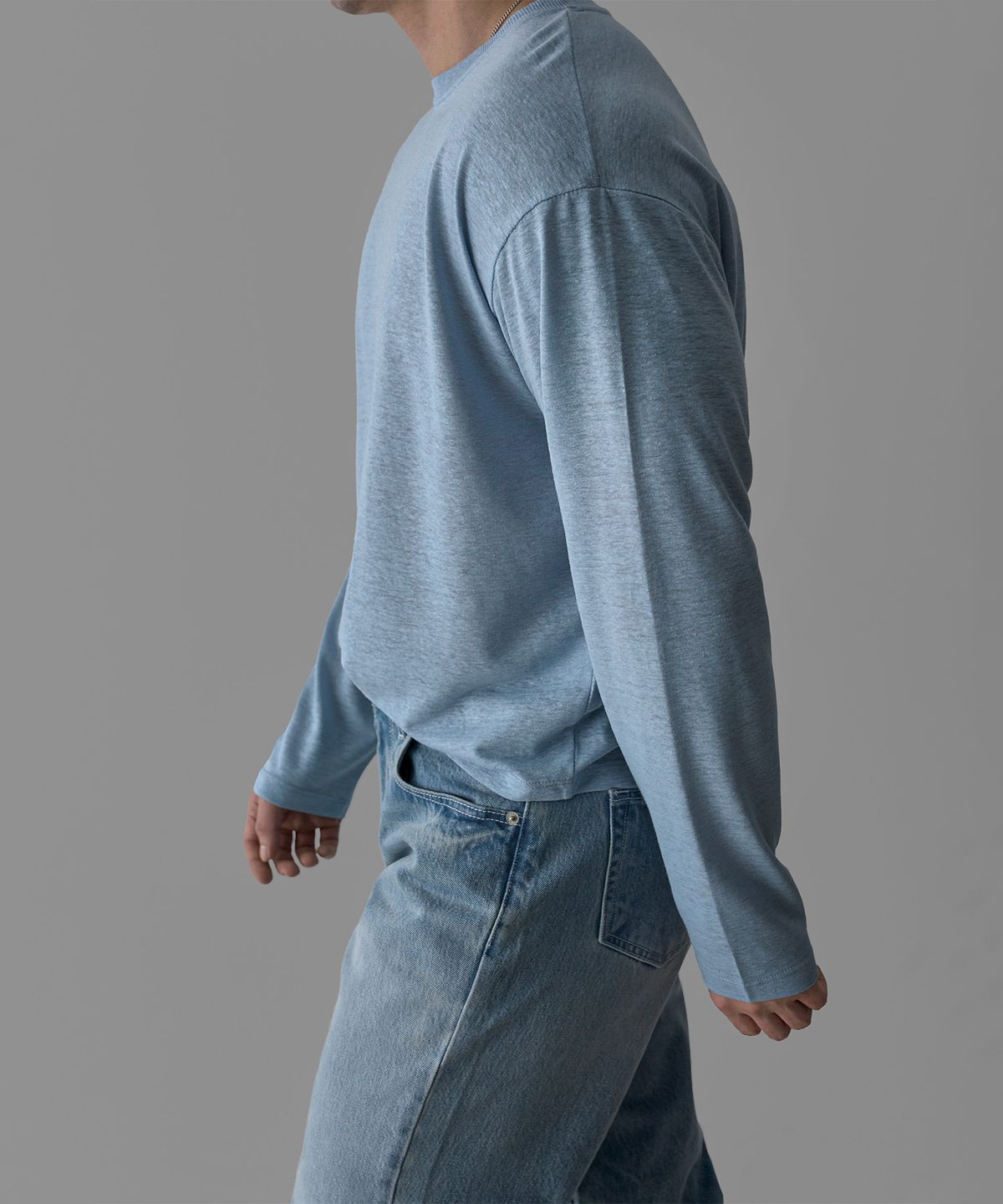 바우로 프로덕트(BOWLOW PRODUCT) 실키 린넨 크롭 긴팔 티셔츠 [스카이블루]