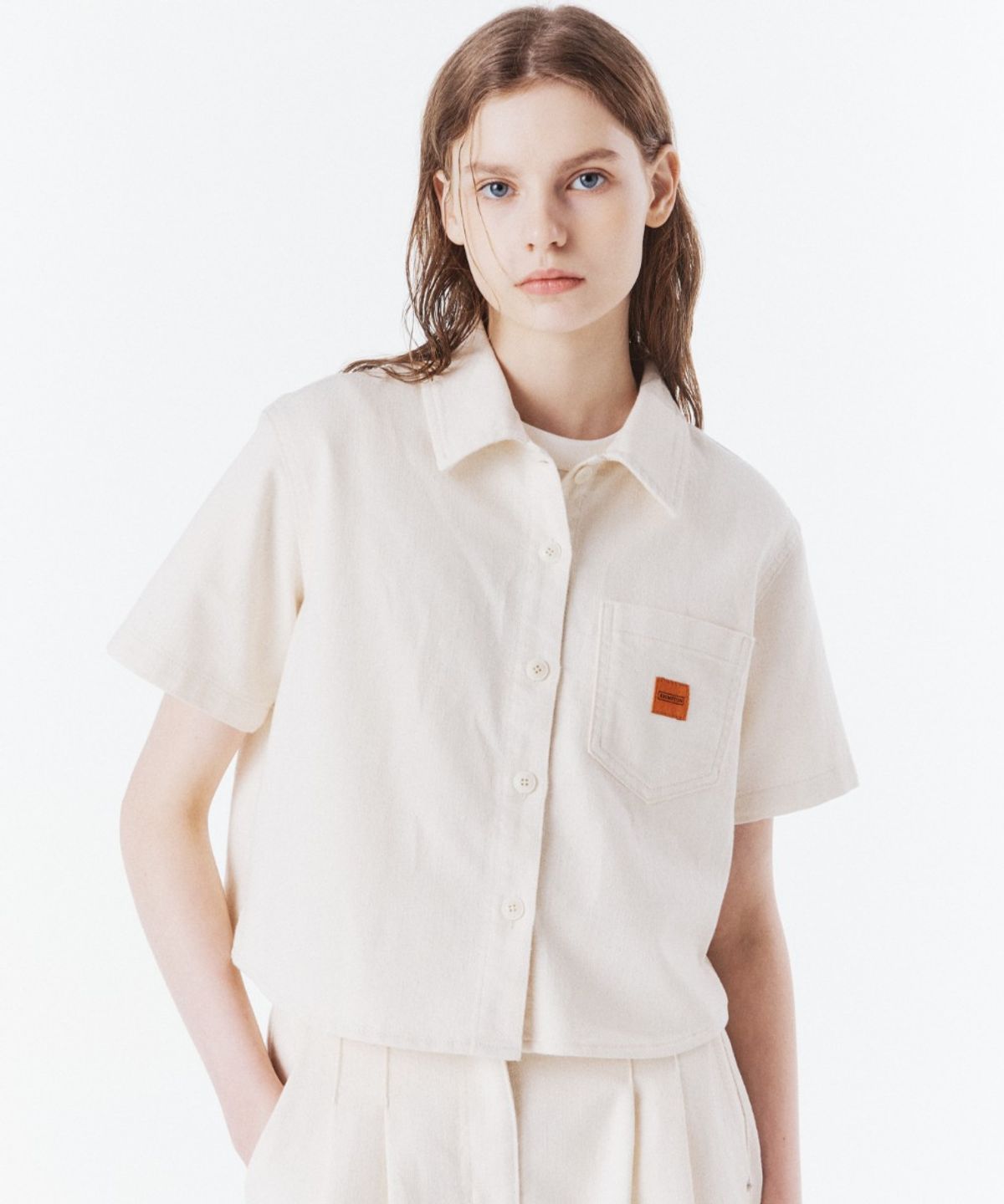 브롬톤 런던(BROMPTON LONDON) W CROP DENIM HALF SLEEVE SHIRT - IVORY (P262WSH483)