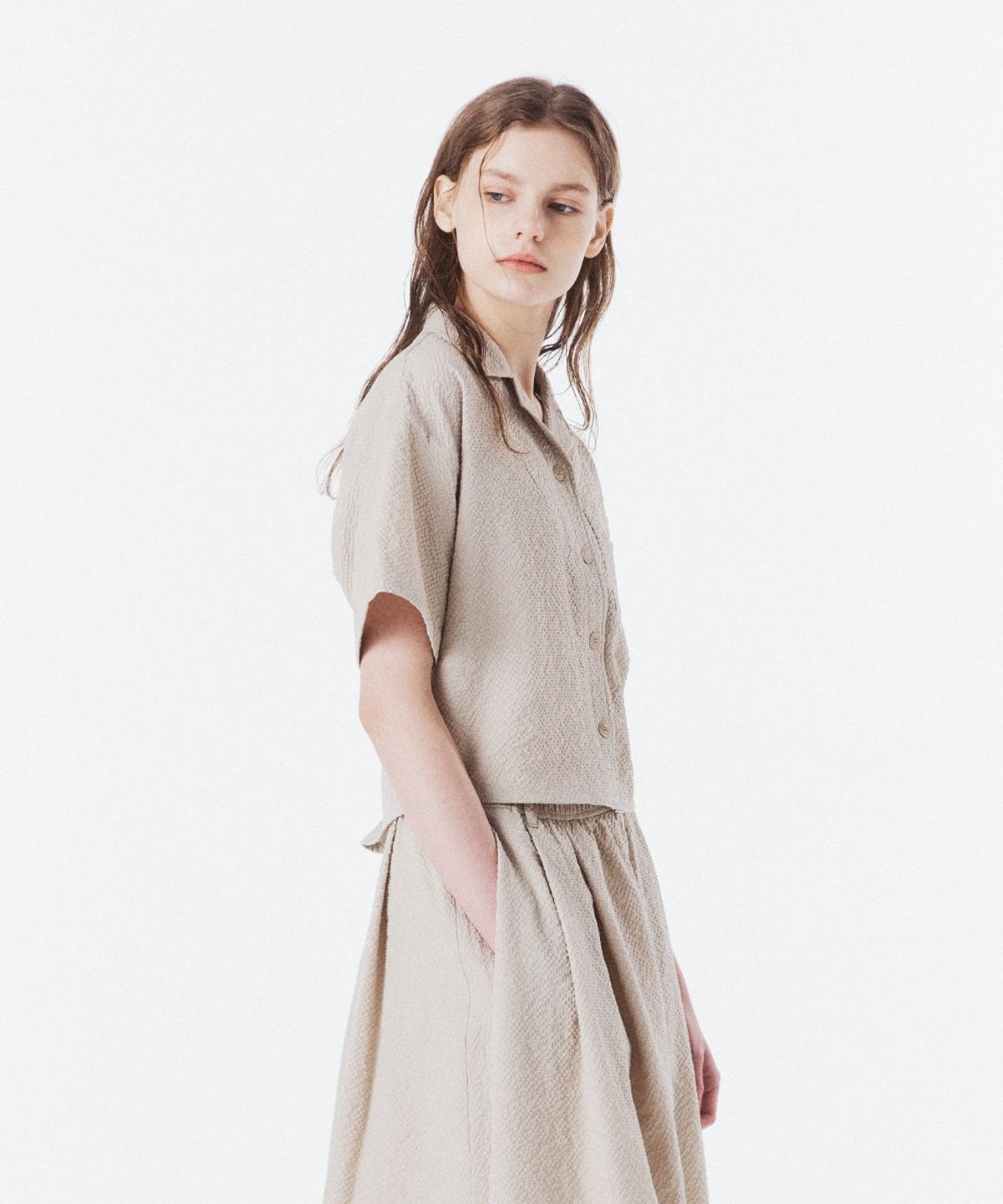 브롬톤 런던(BROMPTON LONDON) W SEERSUCKER HALF SLEEVE SHIRTKET - L/BEIGE (P262WSH180)