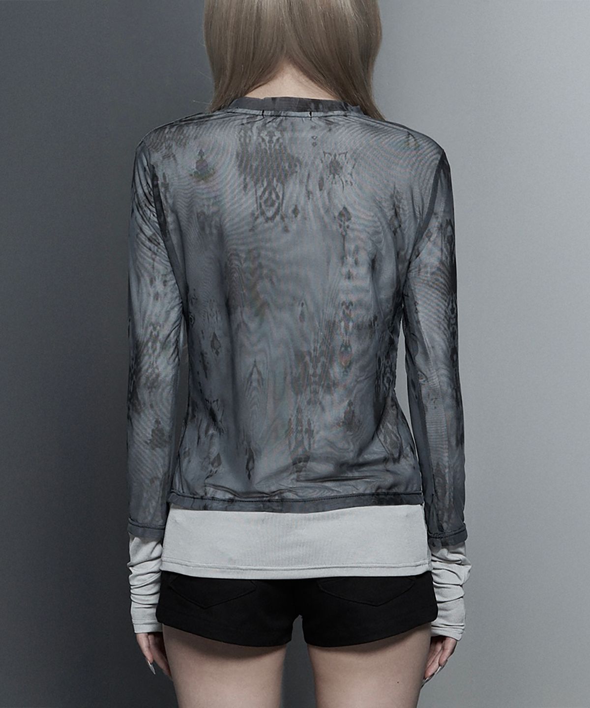 에트오소메(ETRE AU SOMMET) Sheer Double Rib Long Sleeve Top (Light Gray)