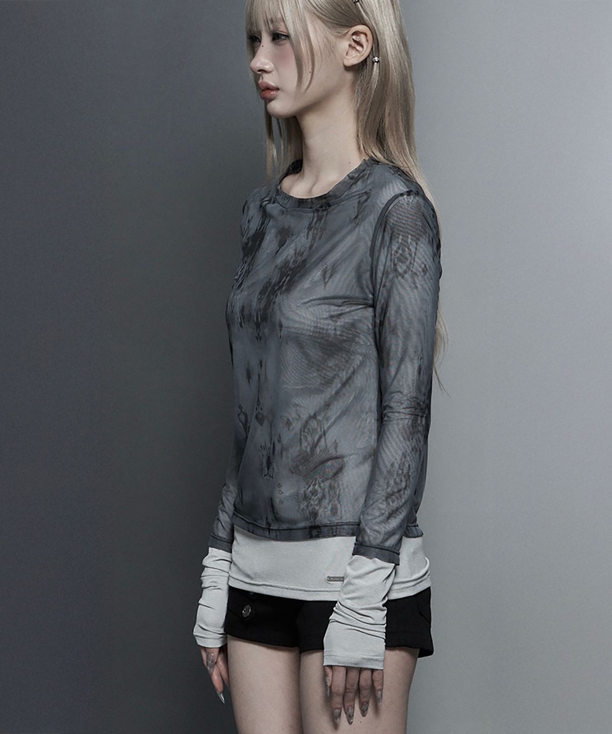 에트오소메(ETRE AU SOMMET) Sheer Double Rib Long Sleeve Top (Light Gray)