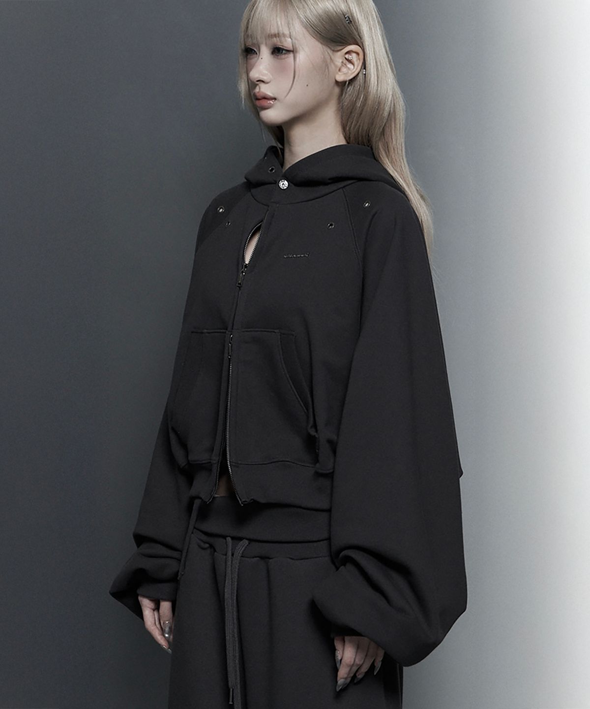 에트오소메(ETRE AU SOMMET) Hotfix Detail Cropped Two-Way Zip Hoodie (Charcoal)