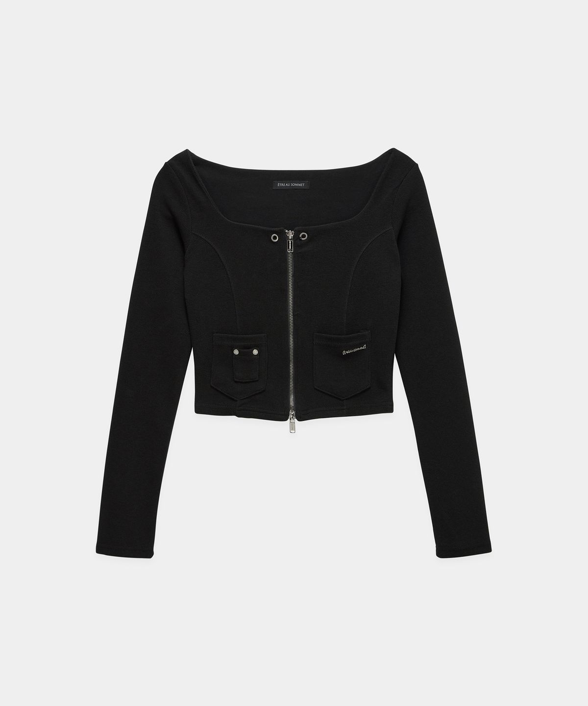 에트오소메(ETRE AU SOMMET) Square Button Point Slim-Fit Long Sleeve Top (Black)