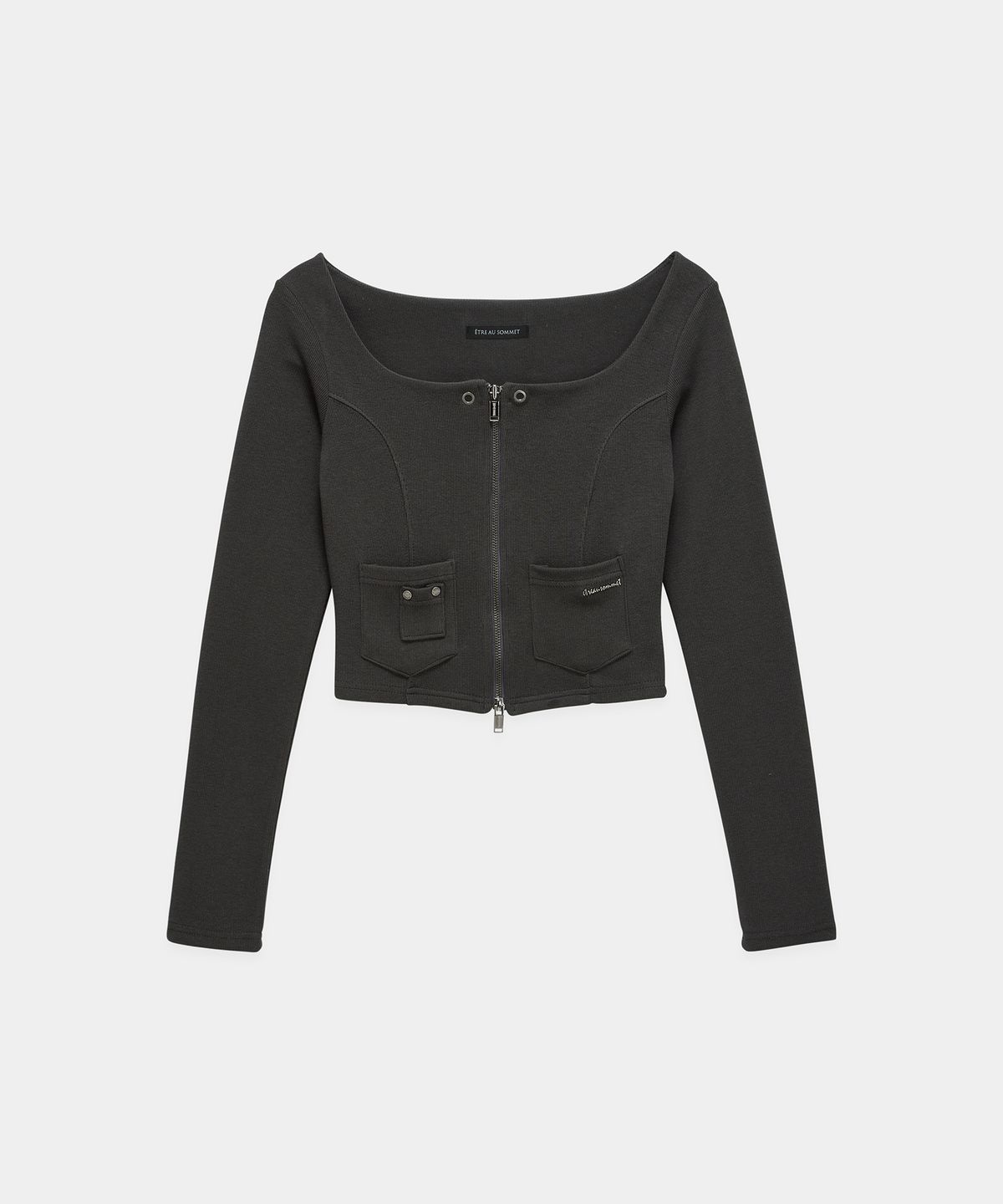 에트오소메(ETRE AU SOMMET) Square Button Point Slim-Fit Long Sleeve Top (Dark gray)