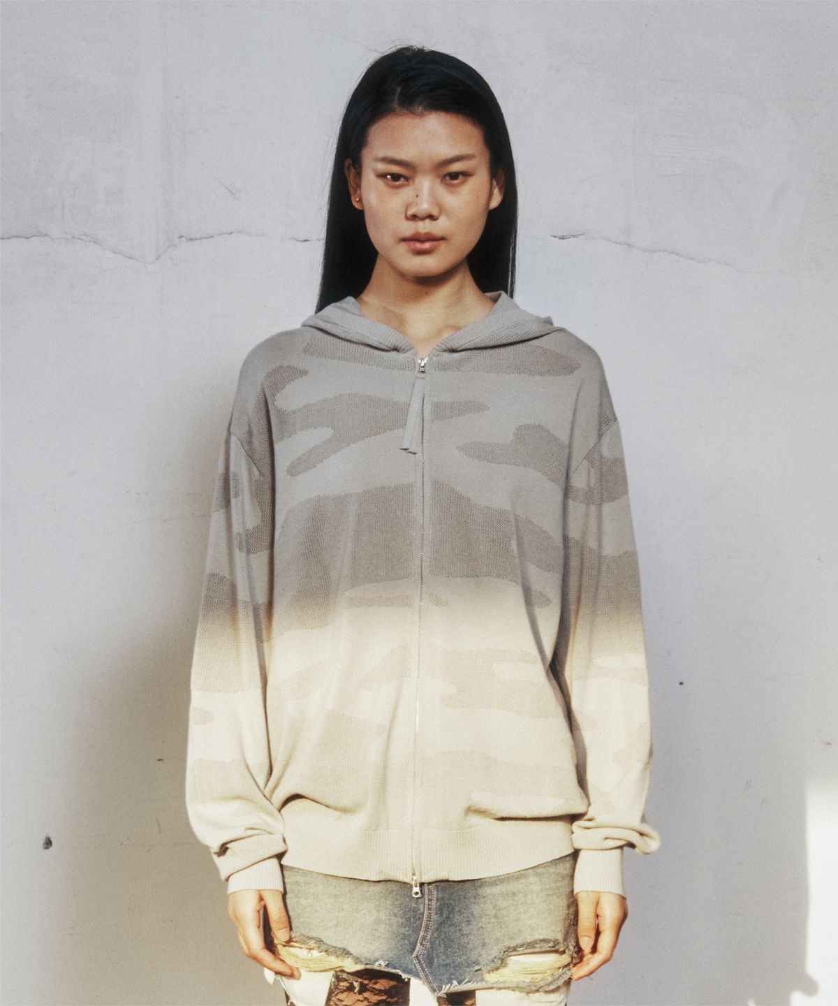 더바이닐하우스(THEVINYLHOUSE) GHOST CAMO KNIT HOODIE ZIP-UP GREEN