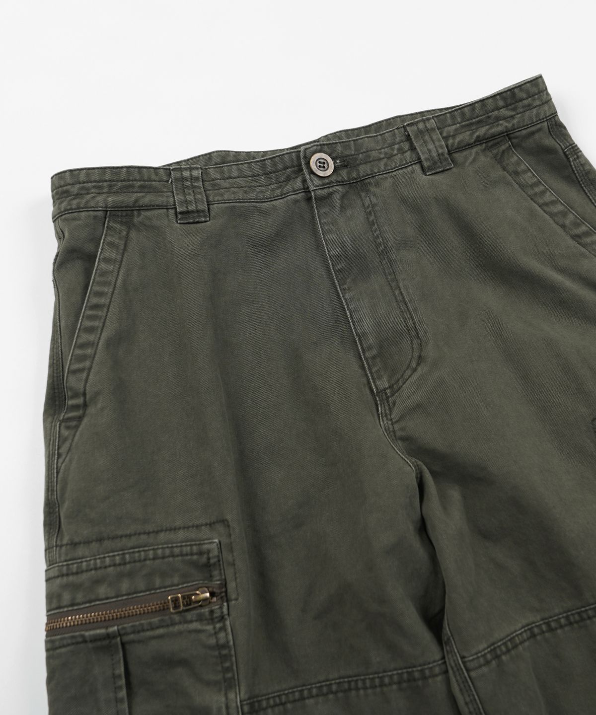 프리즘웍스(FRIZMWORKS) WASHED COTTON ZIP CARGO PANTS _ OLIVE
