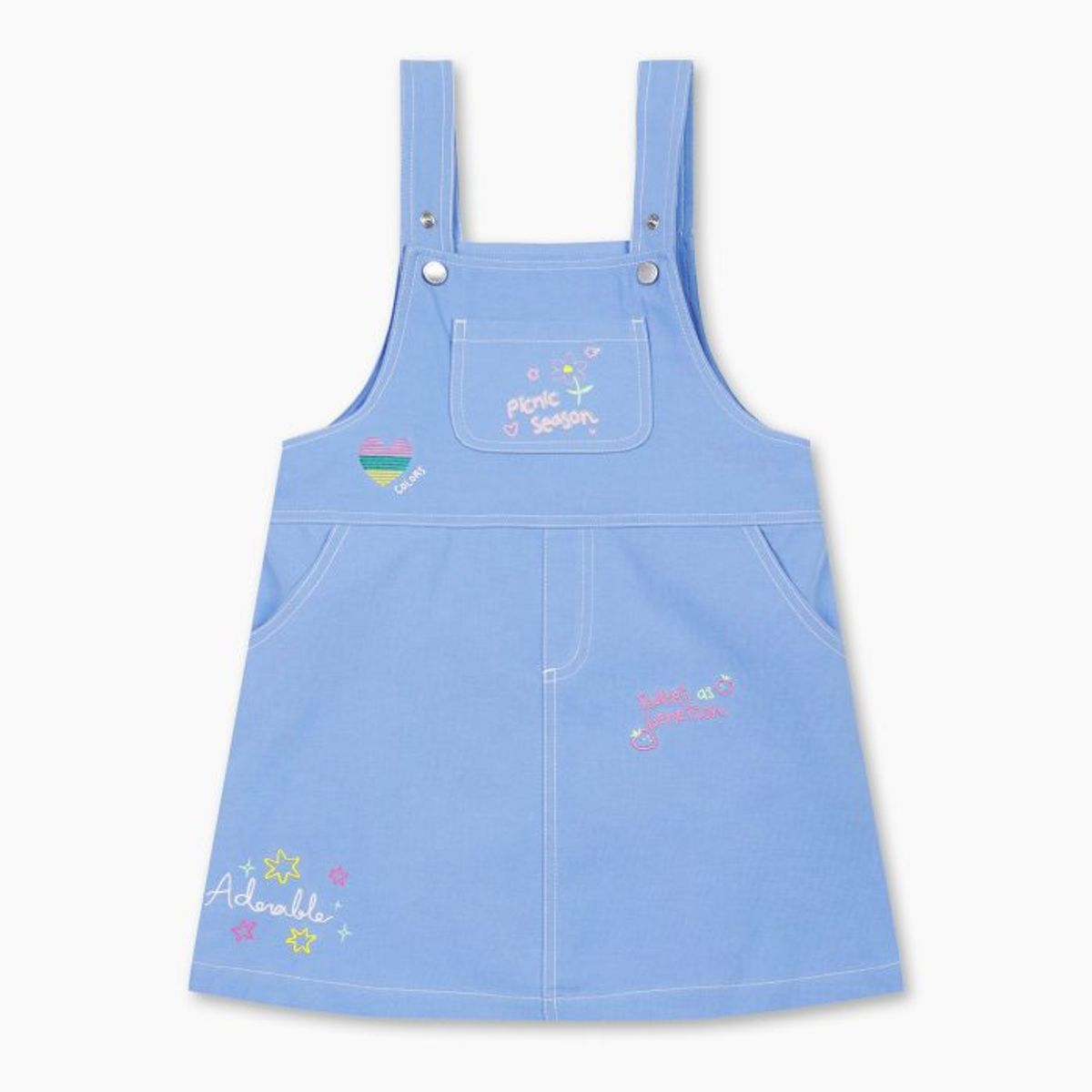 베네통키즈(BENETTONKIDS) 플라워 가든 데님 오버롤 원피스_QAOP03611BL