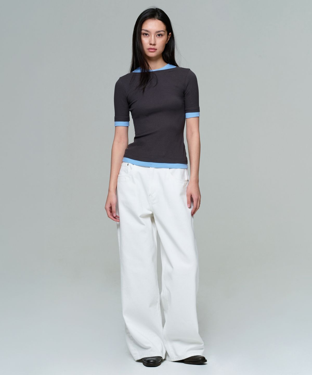 이알에이(ERA) WOMEN BOAT NECK DOUBLE LAYER SLIM RIB T - ASH BLUE
