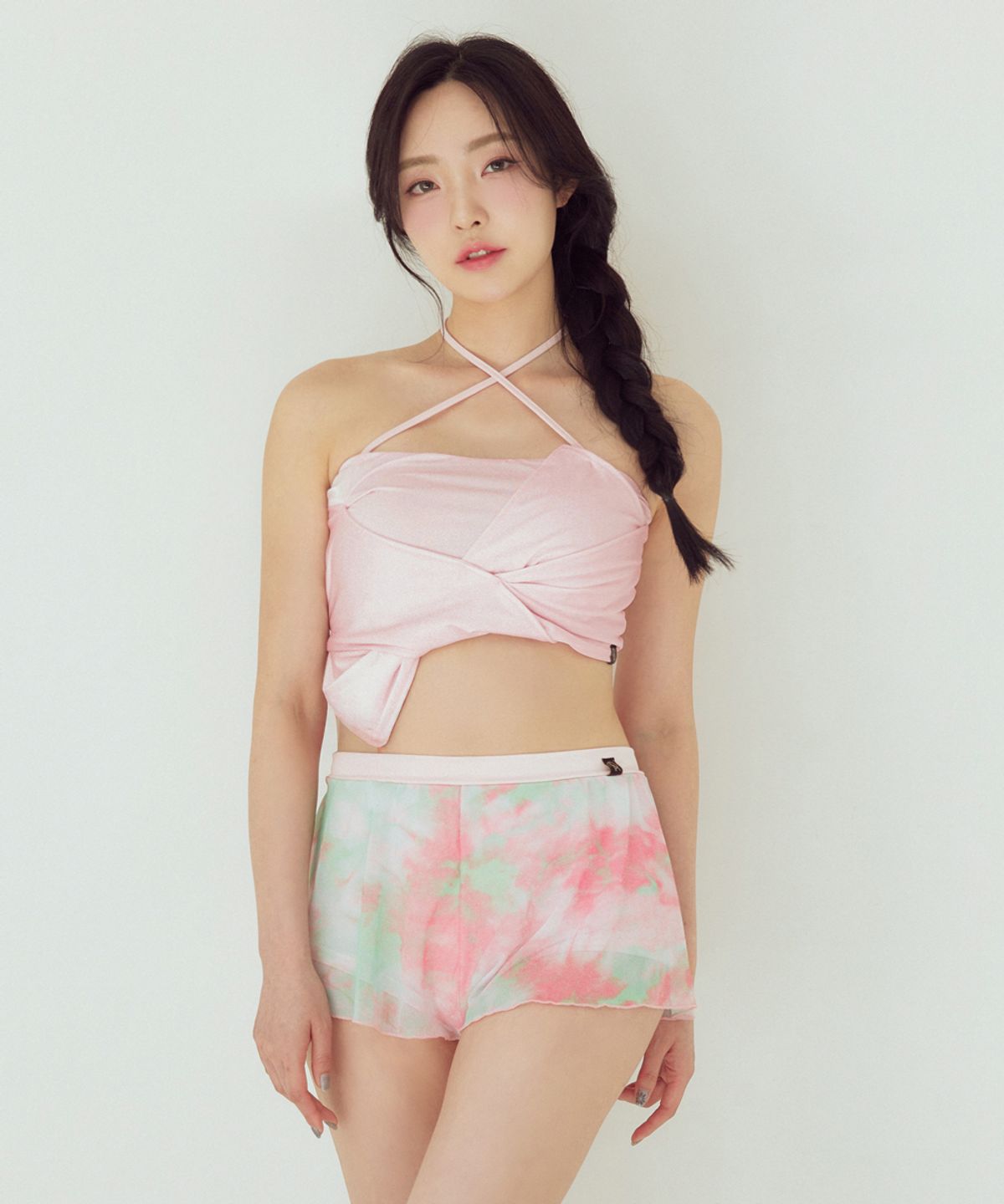 포리즈(PORRIZ) [TOP][루센트_핑크미스트] 투웨이 홀터 리본 랩 탑