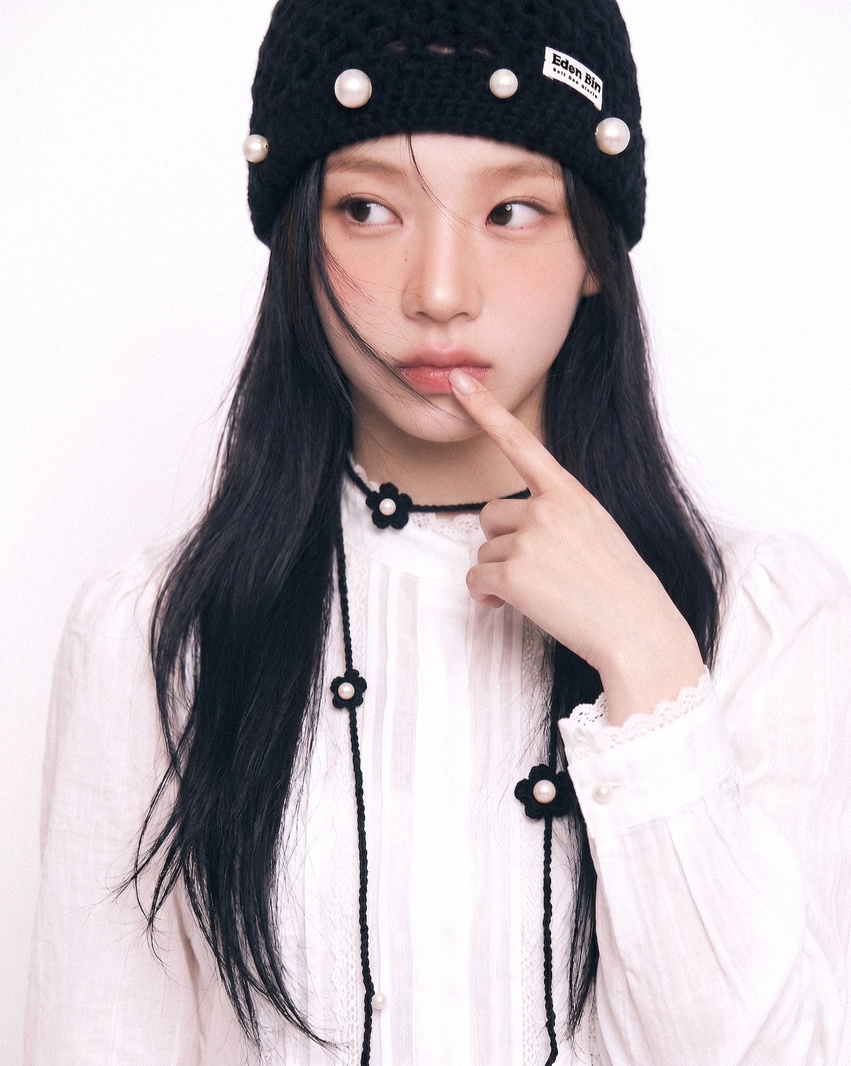 이든빈(Eden Bin) 진주 포인트 크로셰 비니 모자 & 스카프 세트 블랙
