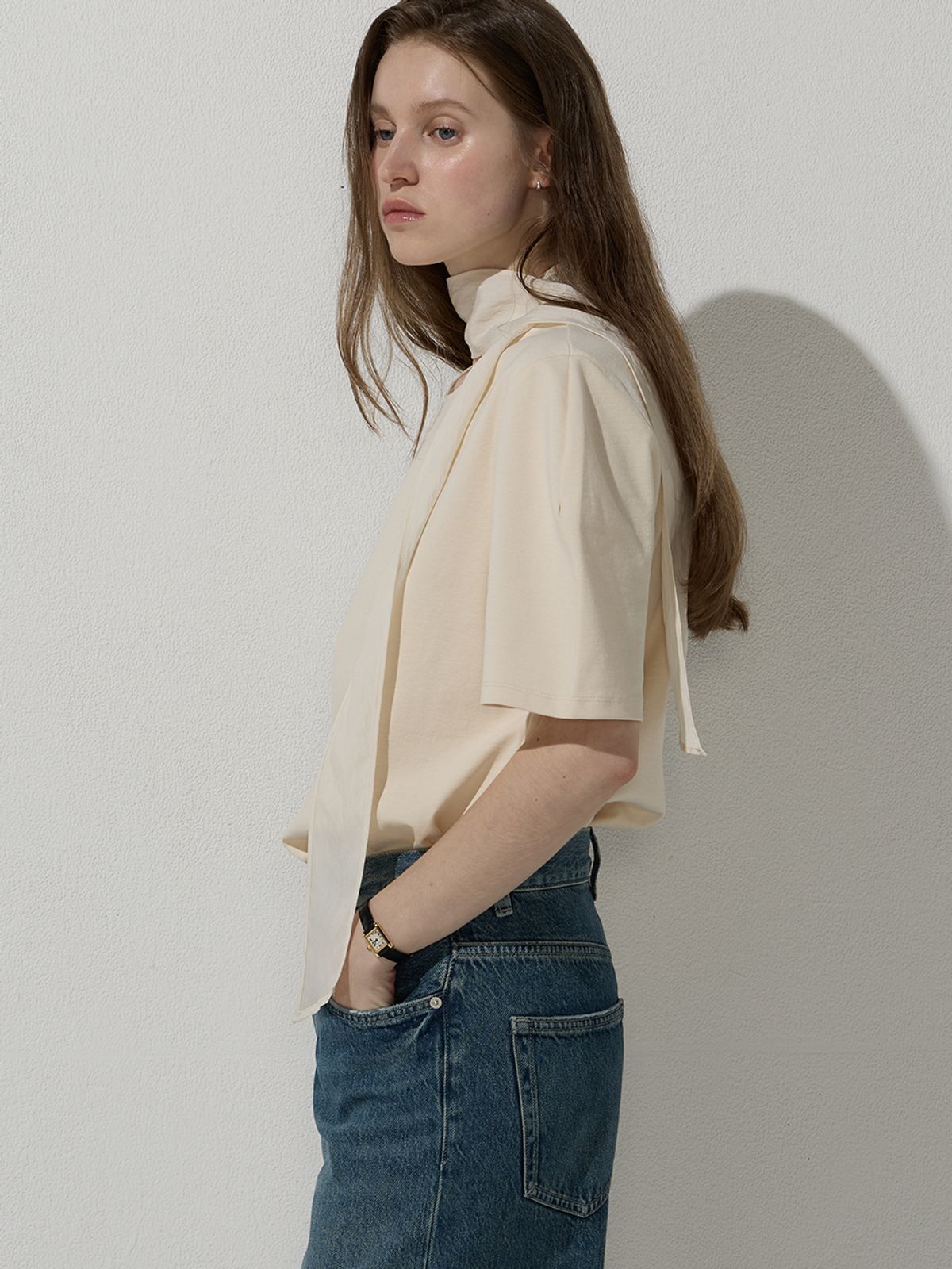 비뮤즈맨션(BEMUSE MANSION) Scarf curved top - Beige