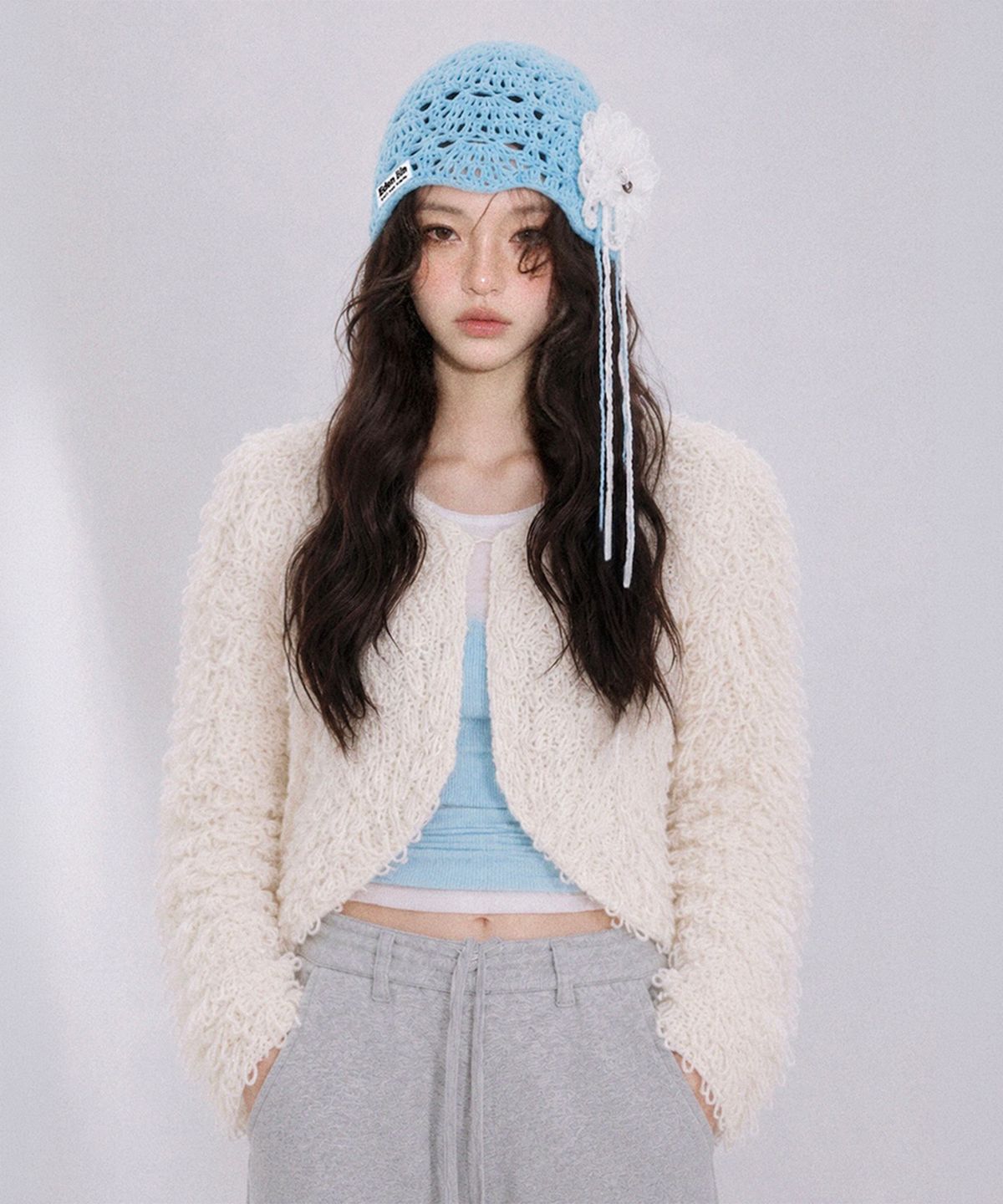 이든빈(Eden Bin) 썬플라워 부케 로제트 크로셰 비니 모자 베이비 블루