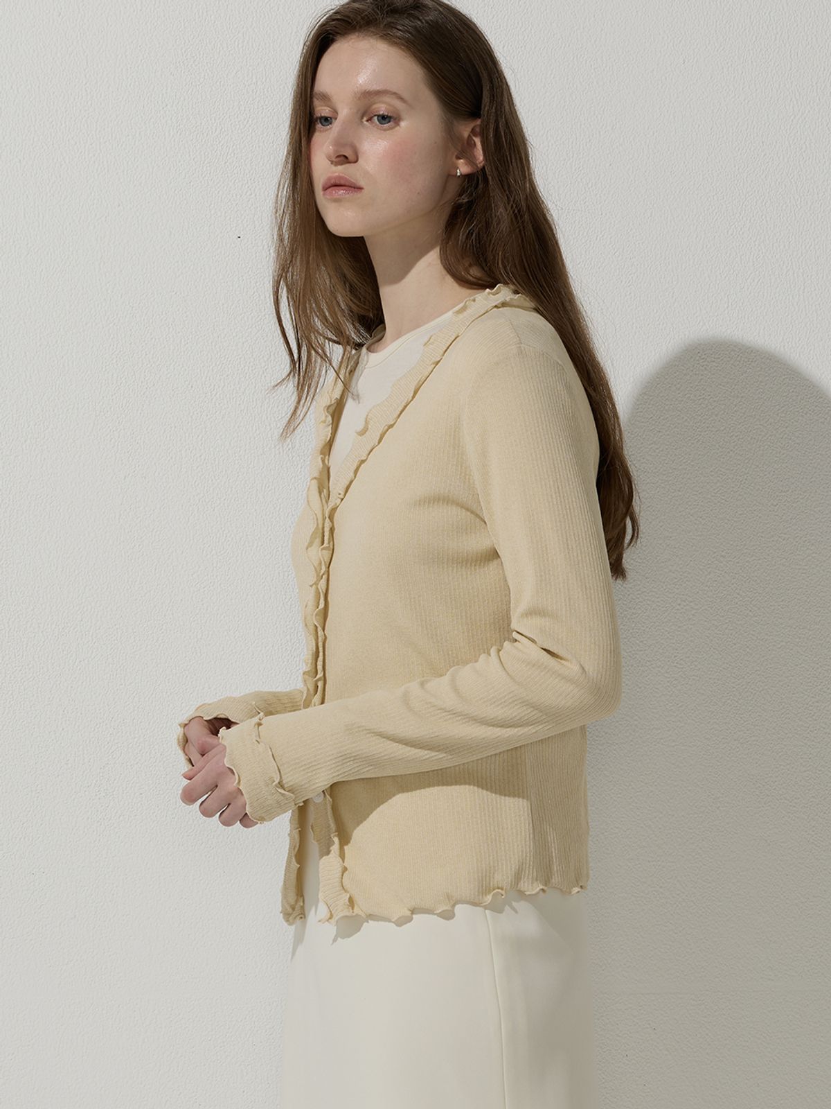 비뮤즈맨션(BEMUSE MANSION) Trimming ribbed cardigan - Beige