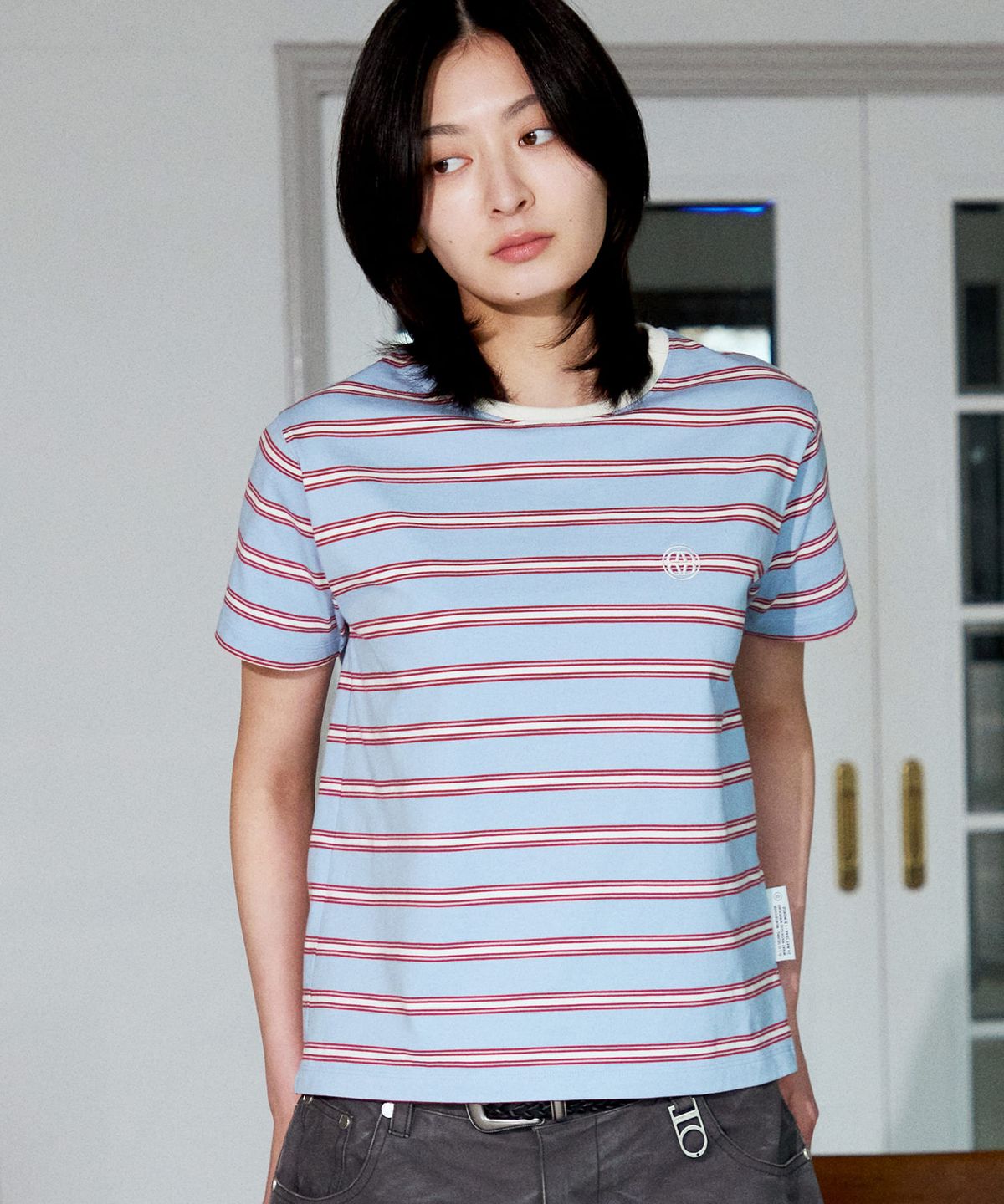 디써티원(DTHIRTYONE) Multi Stripe Short Sleeve T-Shirt (BLUE GREY)