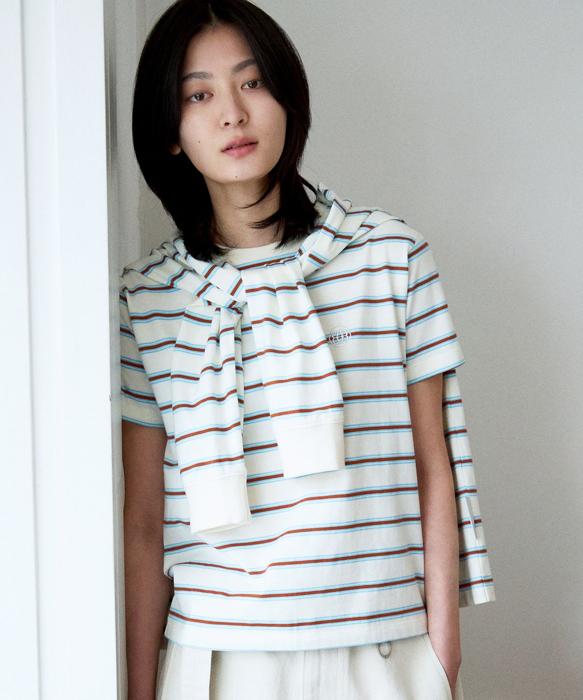 디써티원(DTHIRTYONE) Multi Stripe Short Sleeve T-Shirt (IVORY)