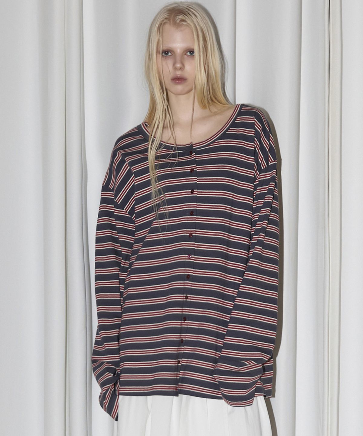 렌세(RENSE) Stripe Button Long Sleeve Charcoal