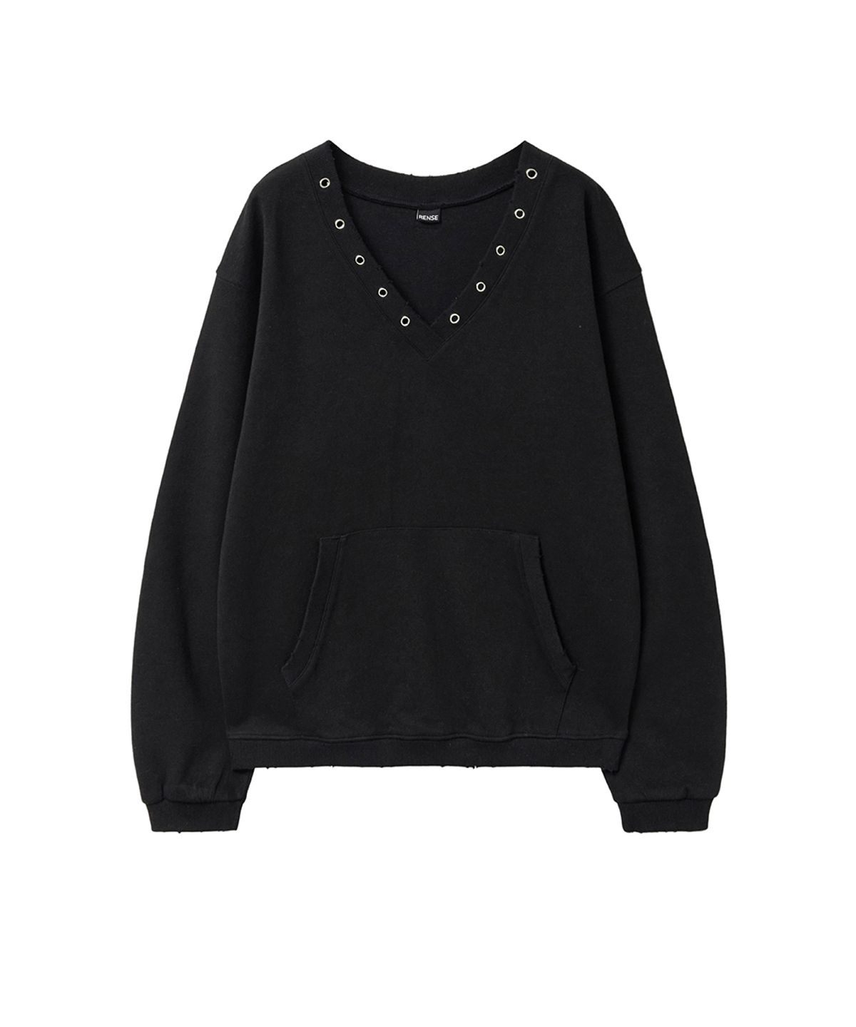 렌세(RENSE) Damage Eyelet V-Neck Sweatshirt Black