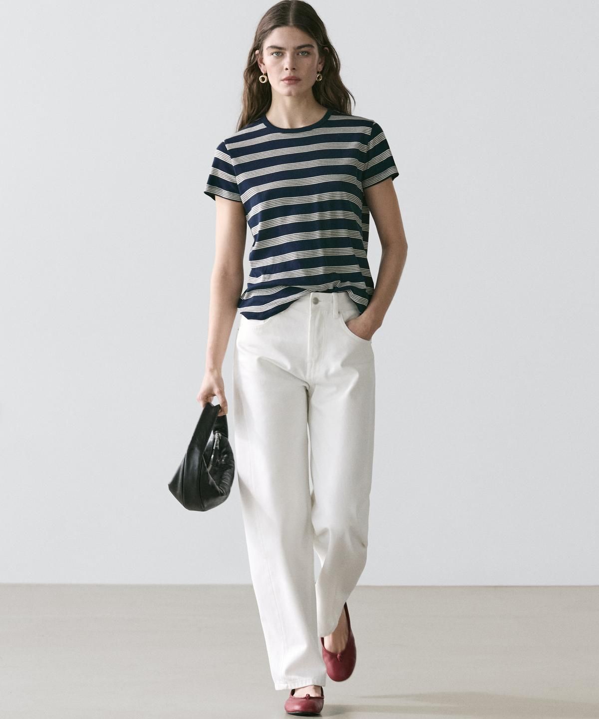 마시모두띠(MASSIMO DUTTI) 100% 코튼 스트라이프 반팔 티셔츠