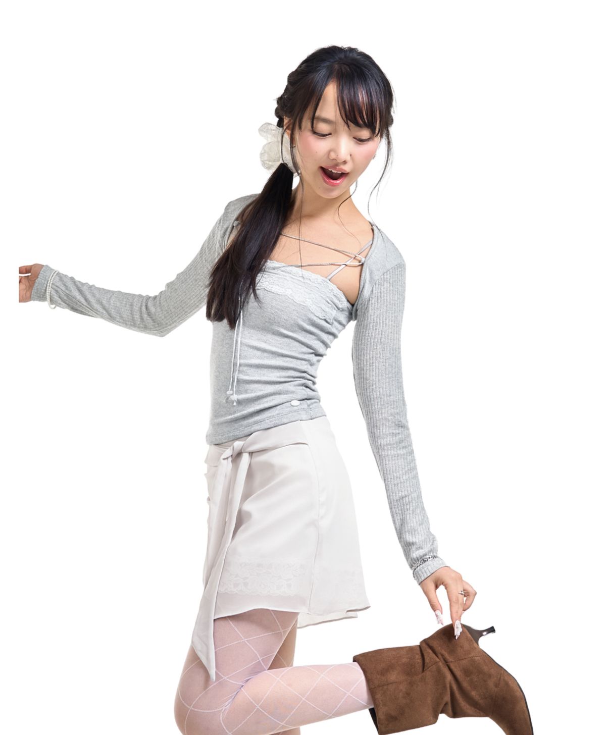 포어링(FORUSRING) Lily lace bolero set-up (light grey)