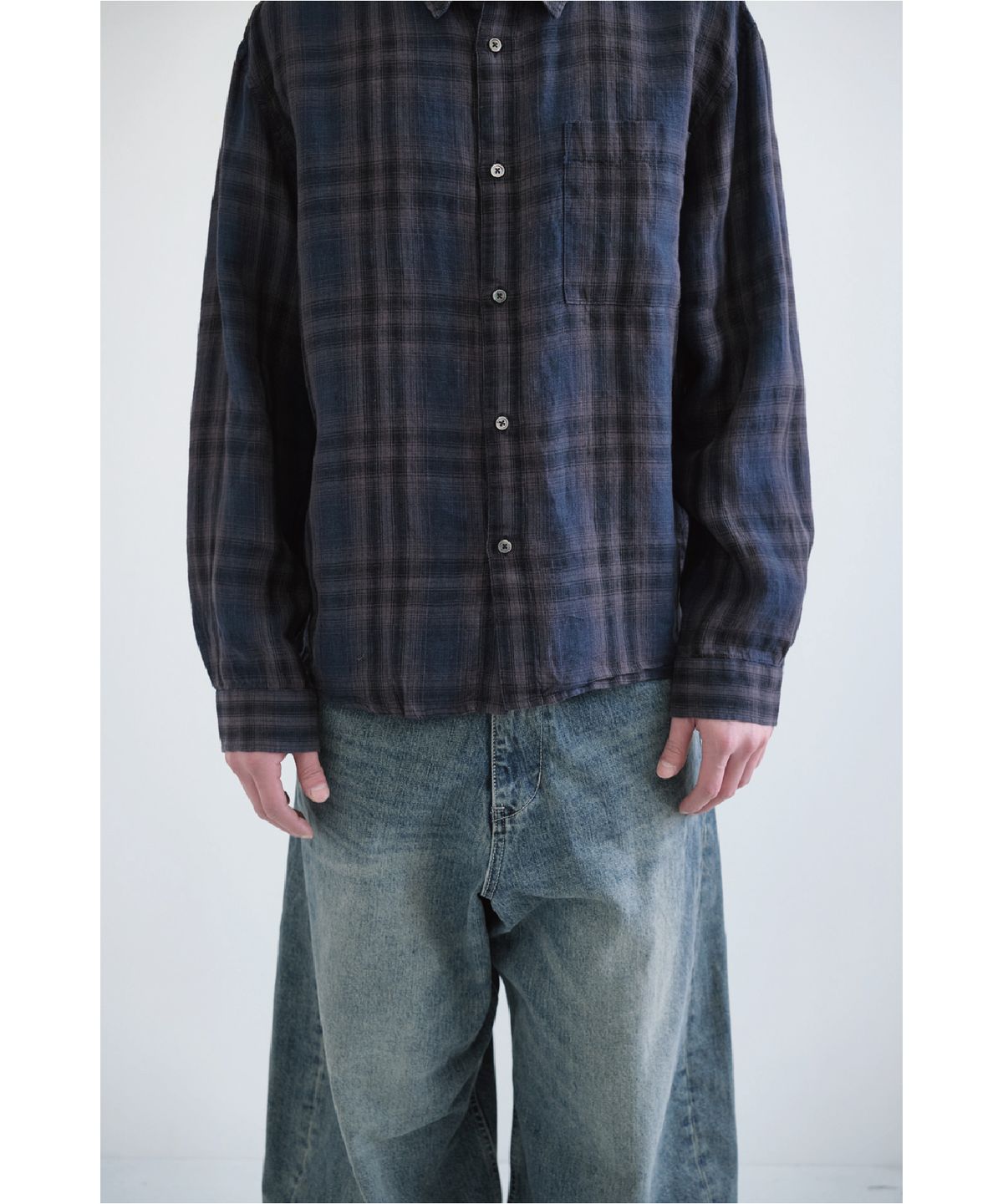 해칭룸(HATCHINGROOM) Museum Shirt Linen Check Charcoal/Blue