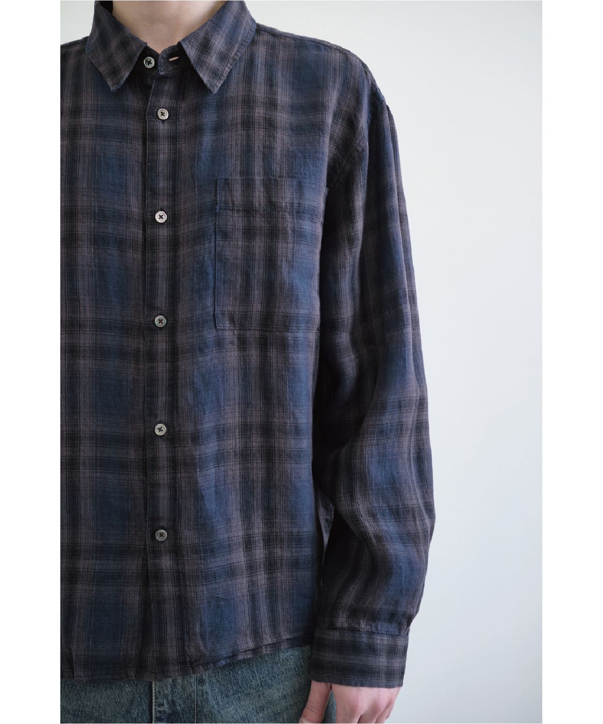 해칭룸(HATCHINGROOM) Museum Shirt Linen Check Charcoal/Blue