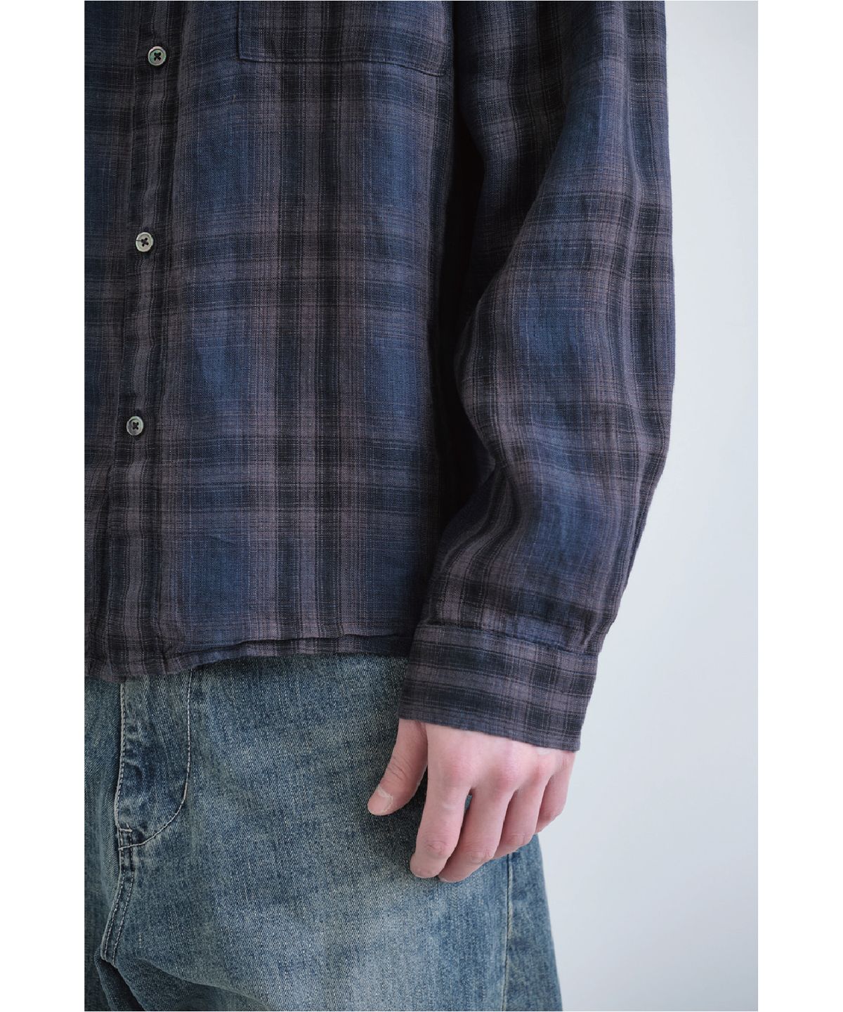 해칭룸(HATCHINGROOM) Museum Shirt Linen Check Charcoal/Blue