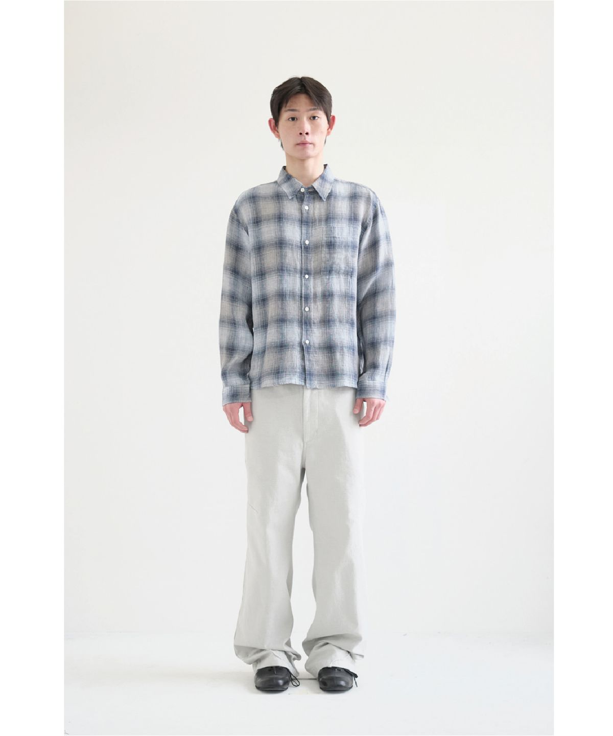 해칭룸(HATCHINGROOM) Museum Shirt Linen Check Blue/Grey